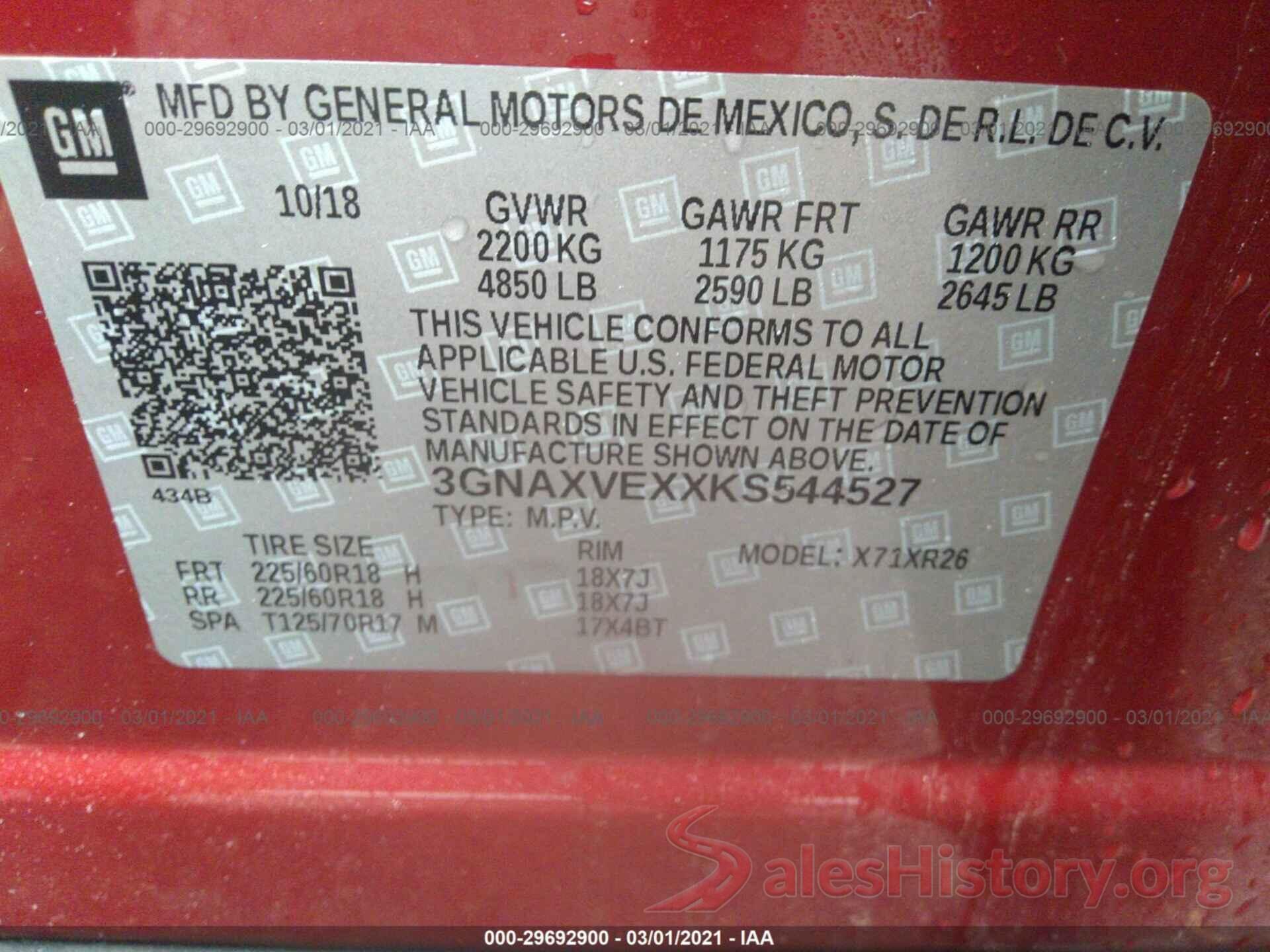 3GNAXVEXXKS544527 2019 CHEVROLET EQUINOX