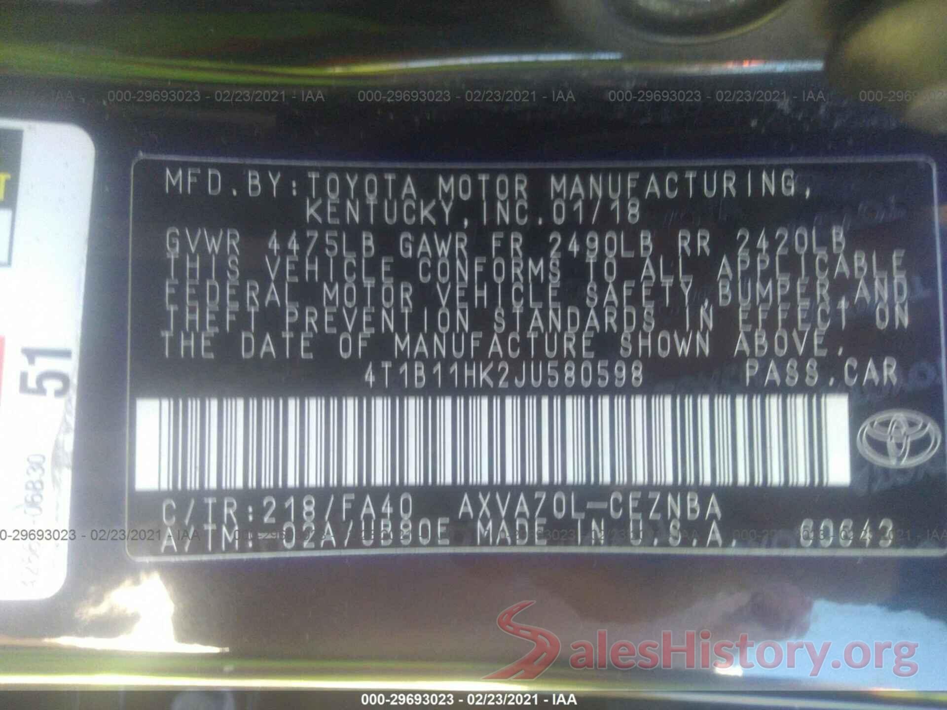 4T1B11HK2JU580598 2018 TOYOTA CAMRY