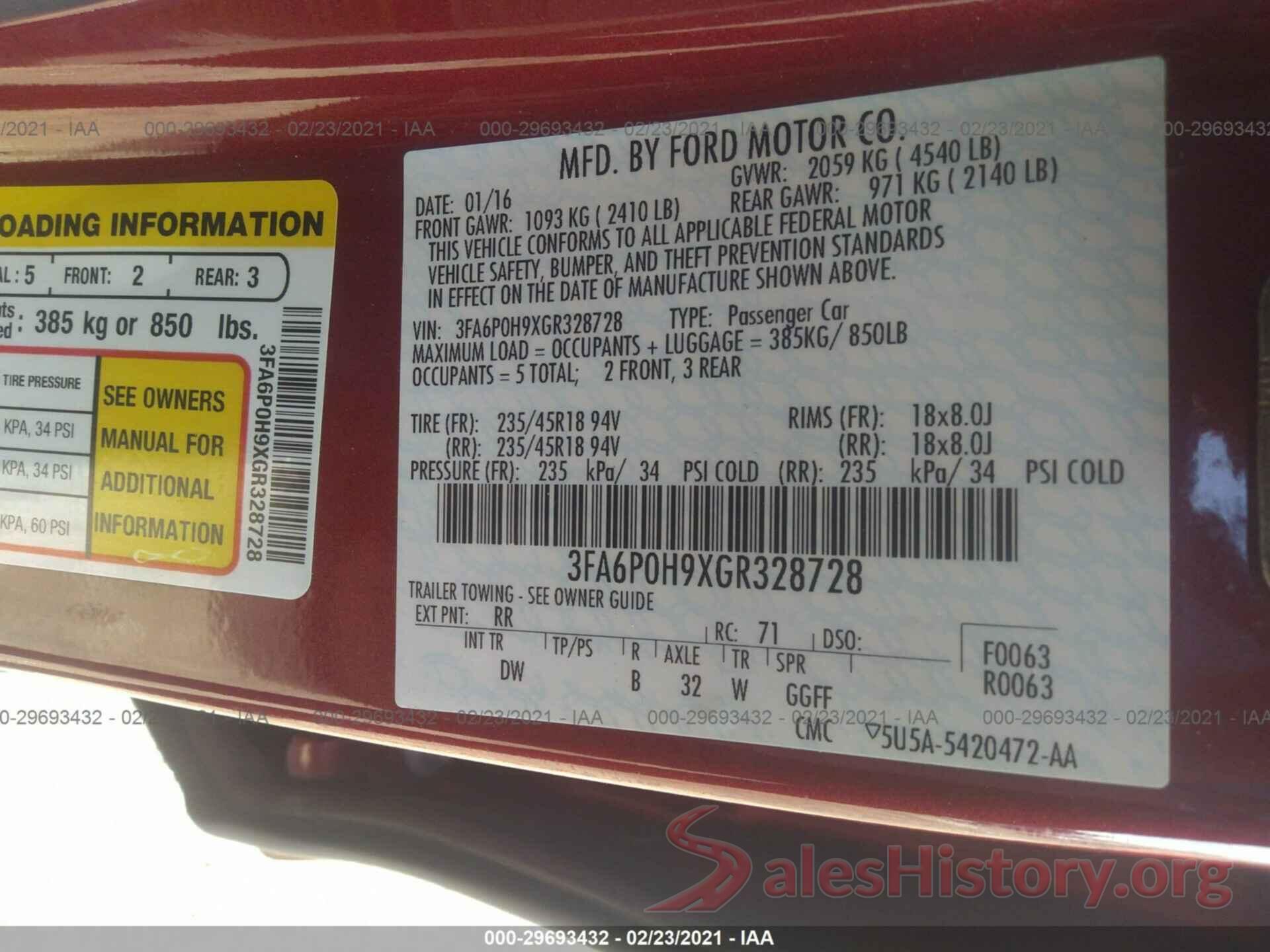 3FA6P0H9XGR328728 2016 FORD FUSION