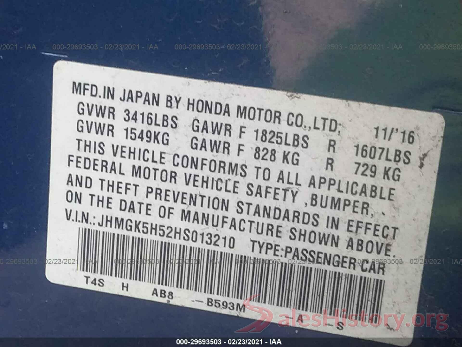 JHMGK5H52HS013210 2017 HONDA FIT