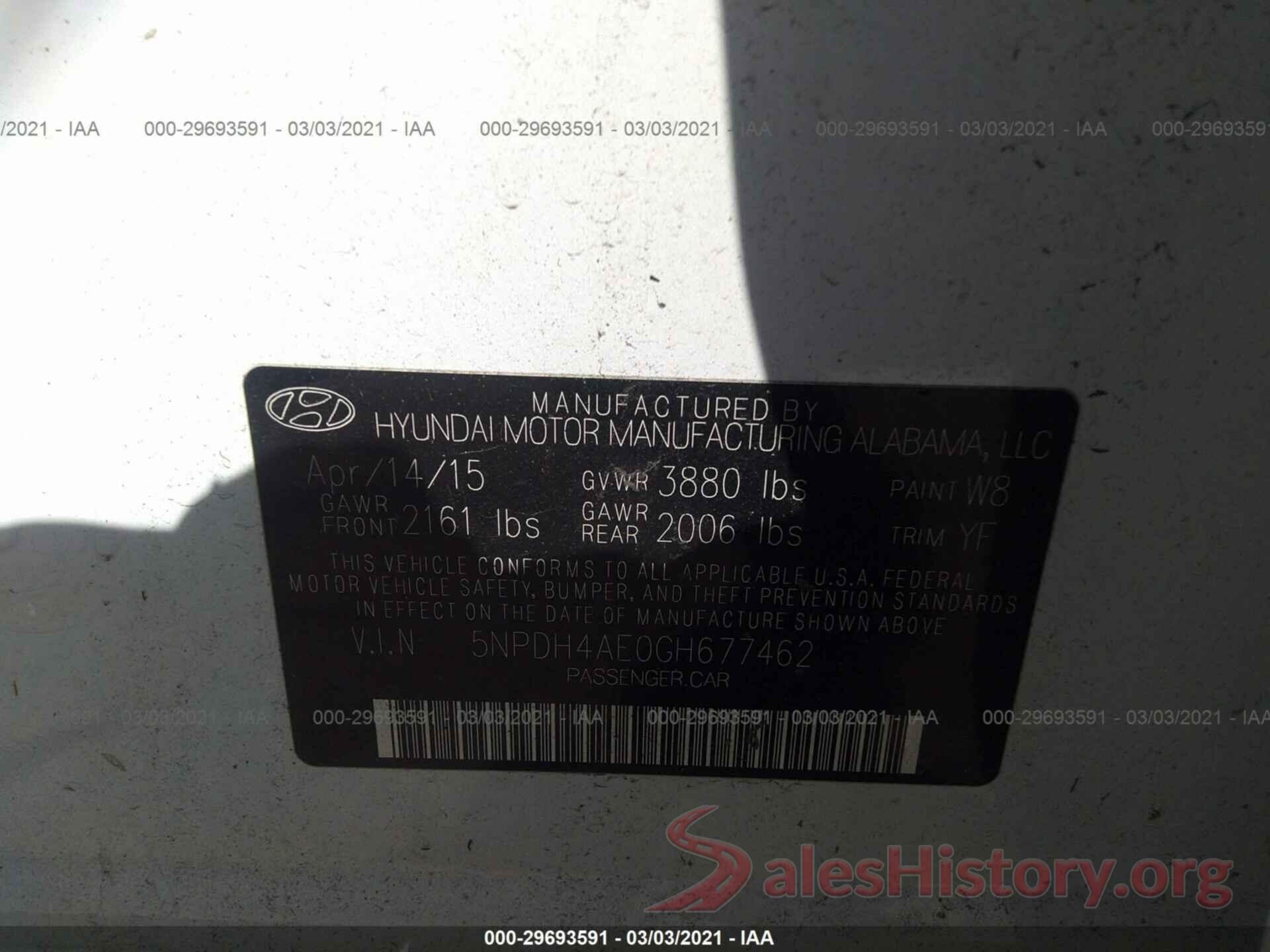 5NPDH4AE0GH677462 2016 HYUNDAI ELANTRA