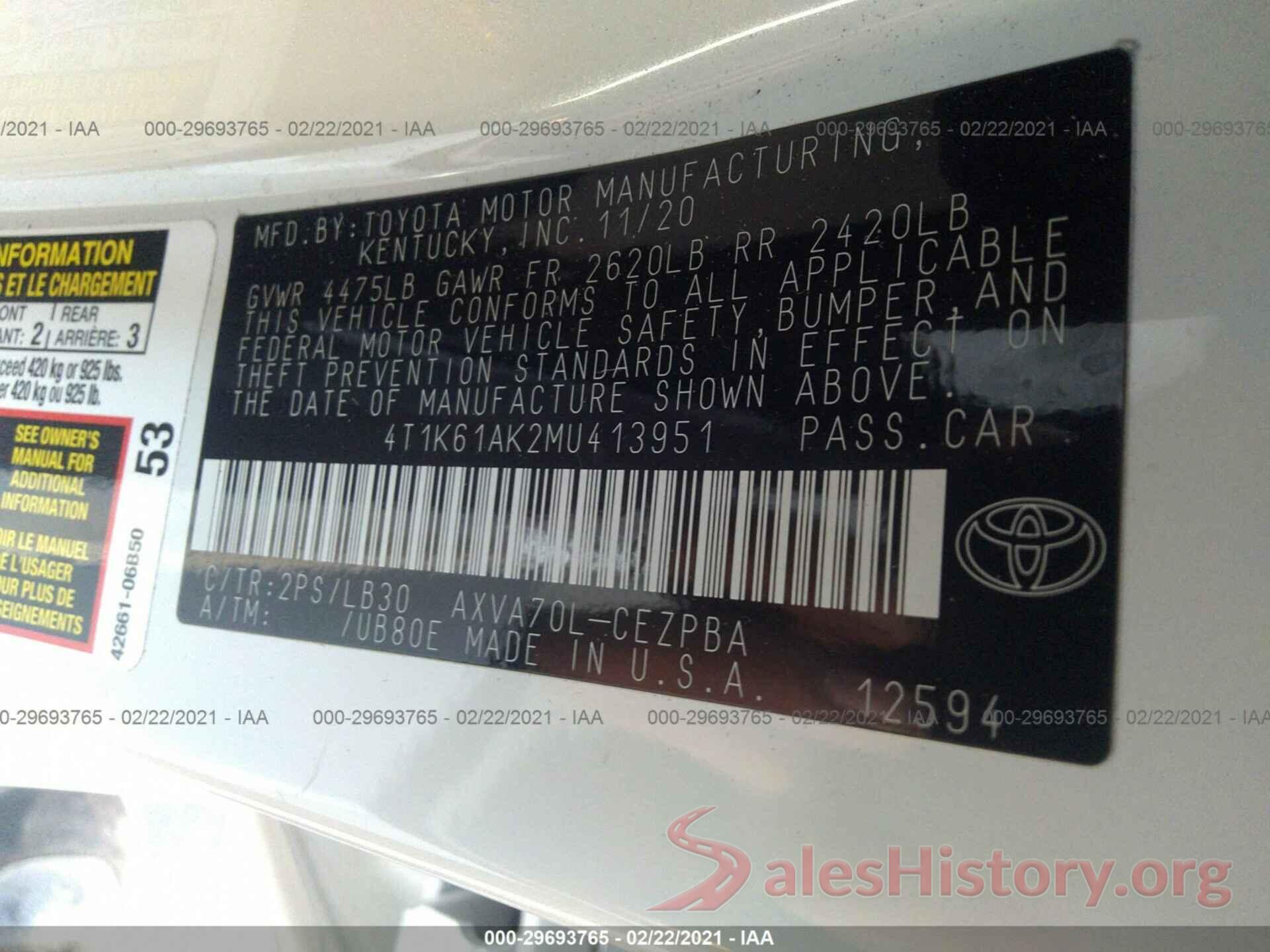 4T1K61AK2MU413951 2021 TOYOTA CAMRY