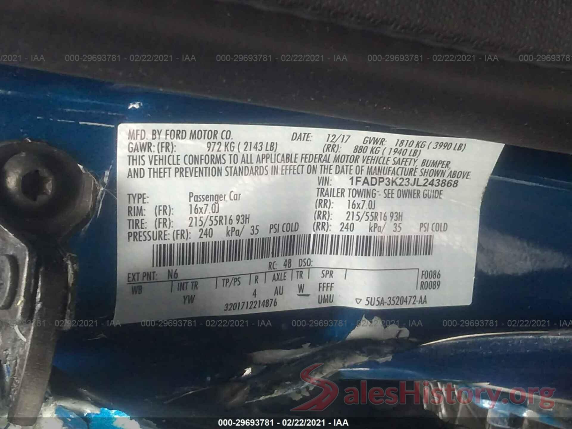 1FADP3K23JL243868 2018 FORD FOCUS