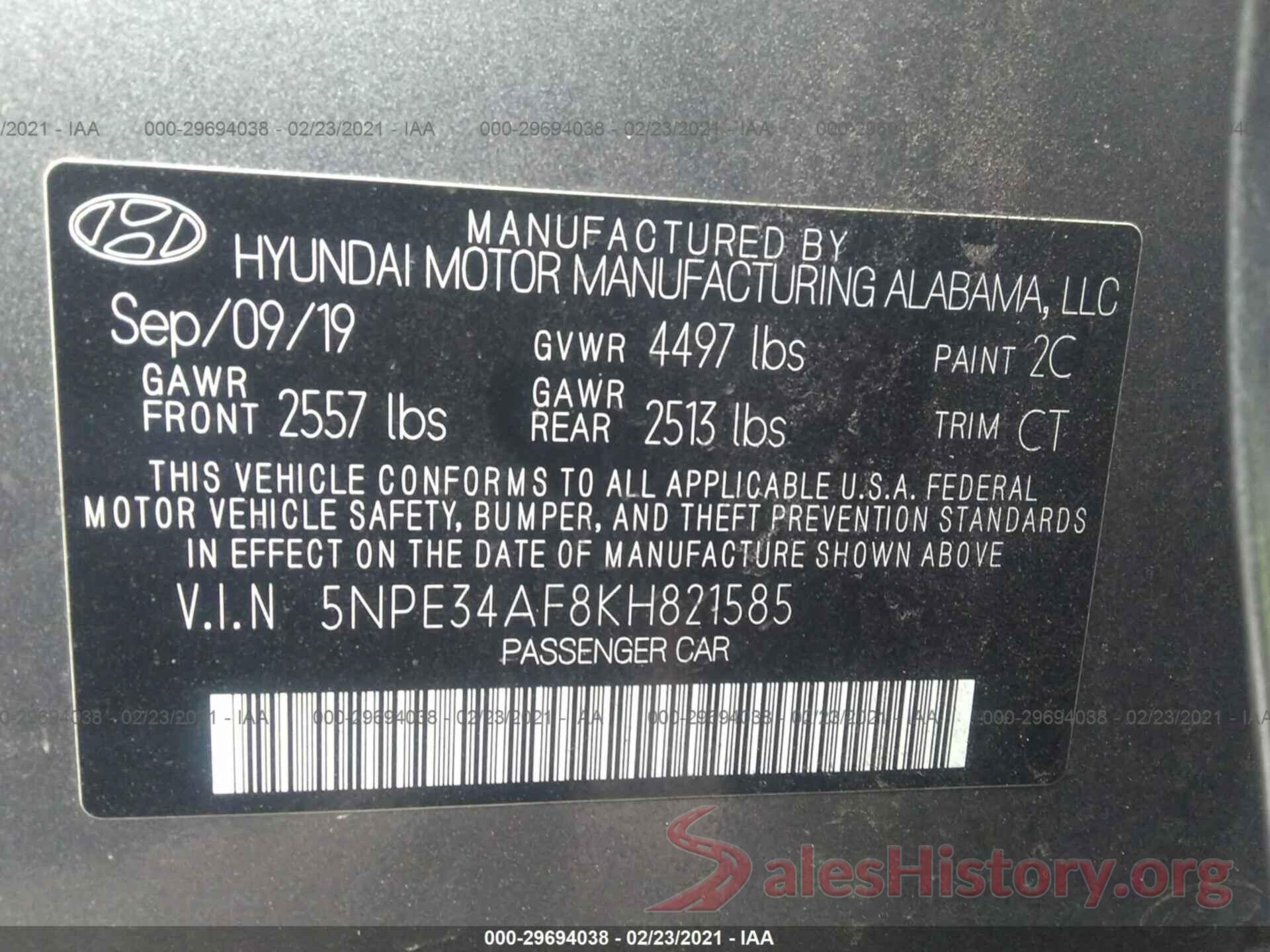 5NPE34AF8KH821585 2019 HYUNDAI SONATA