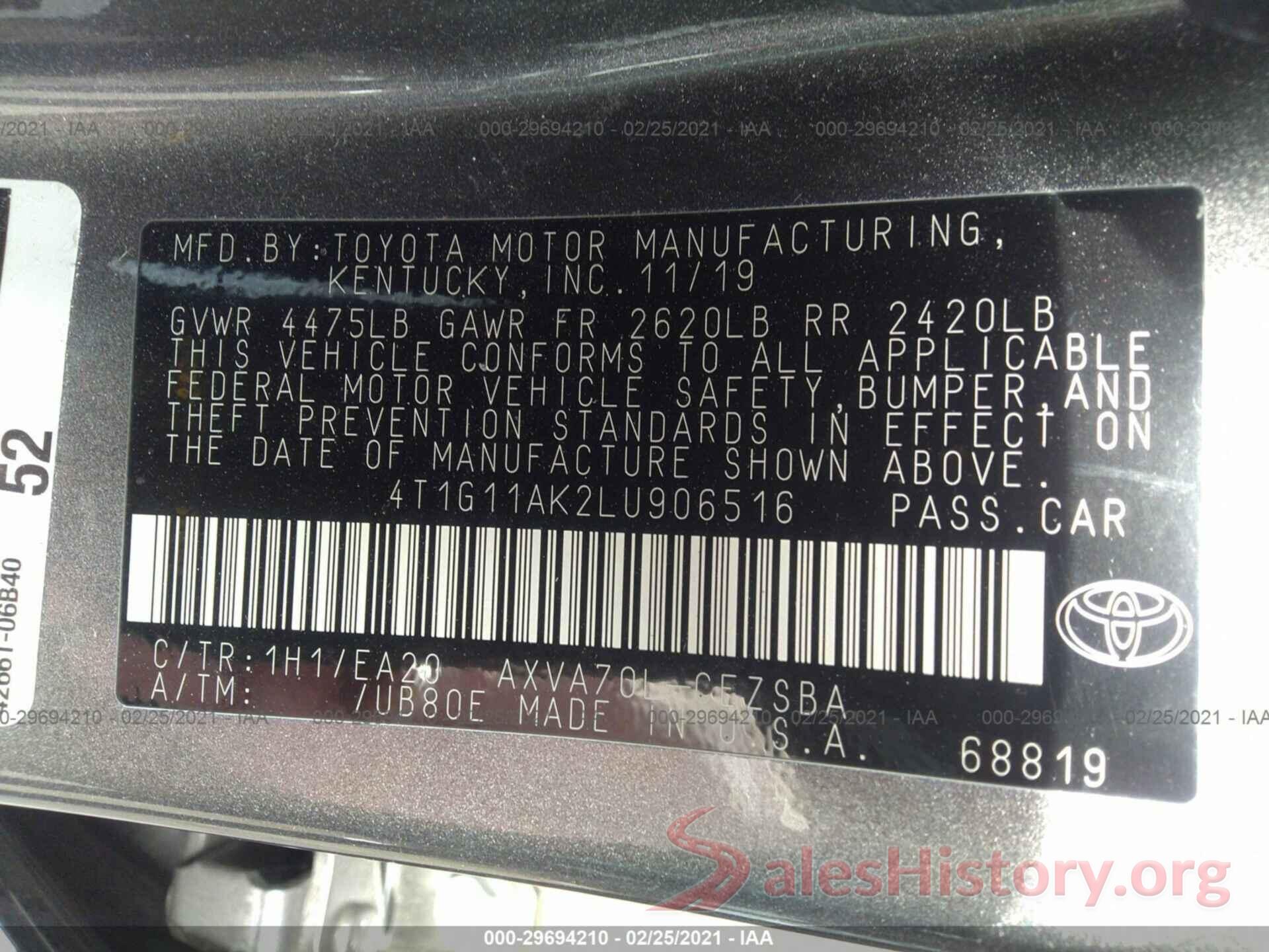 4T1G11AK2LU906516 2020 TOYOTA CAMRY