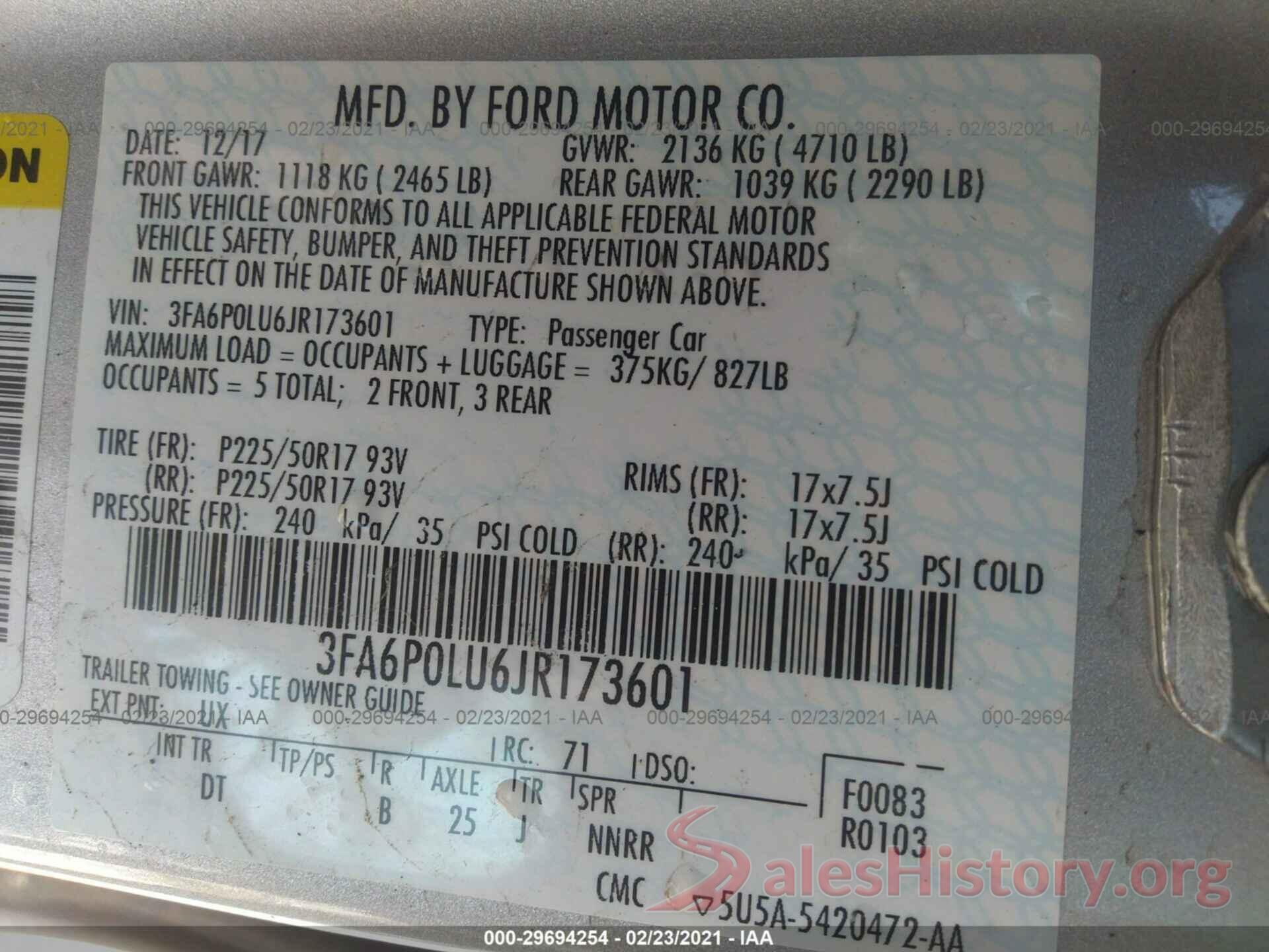 3FA6P0LU6JR173601 2018 FORD FUSION HYBRID