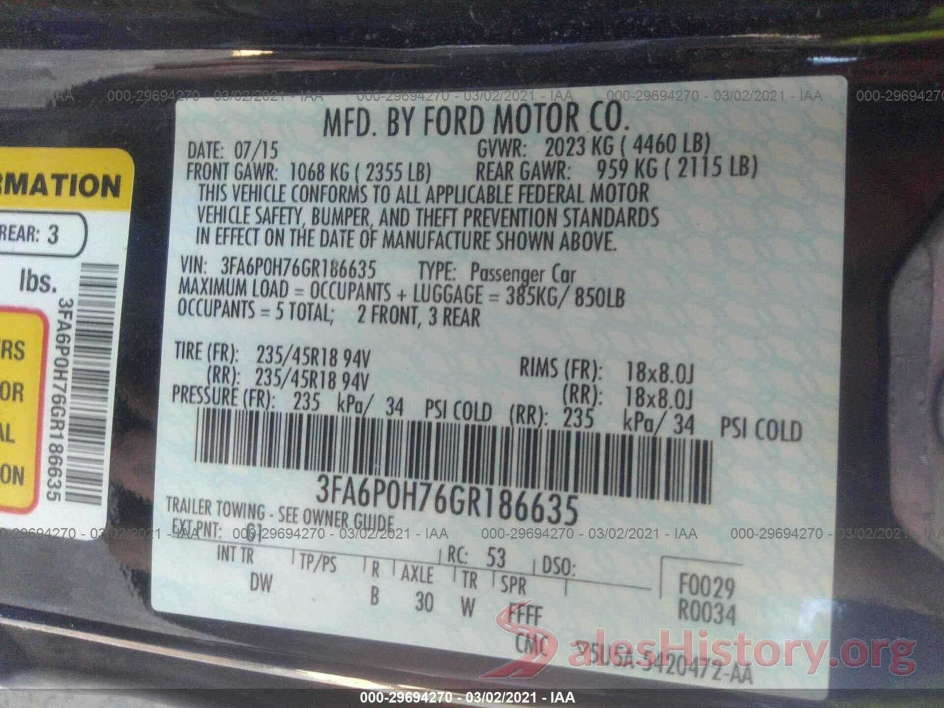 3FA6P0H76GR186635 2016 FORD FUSION