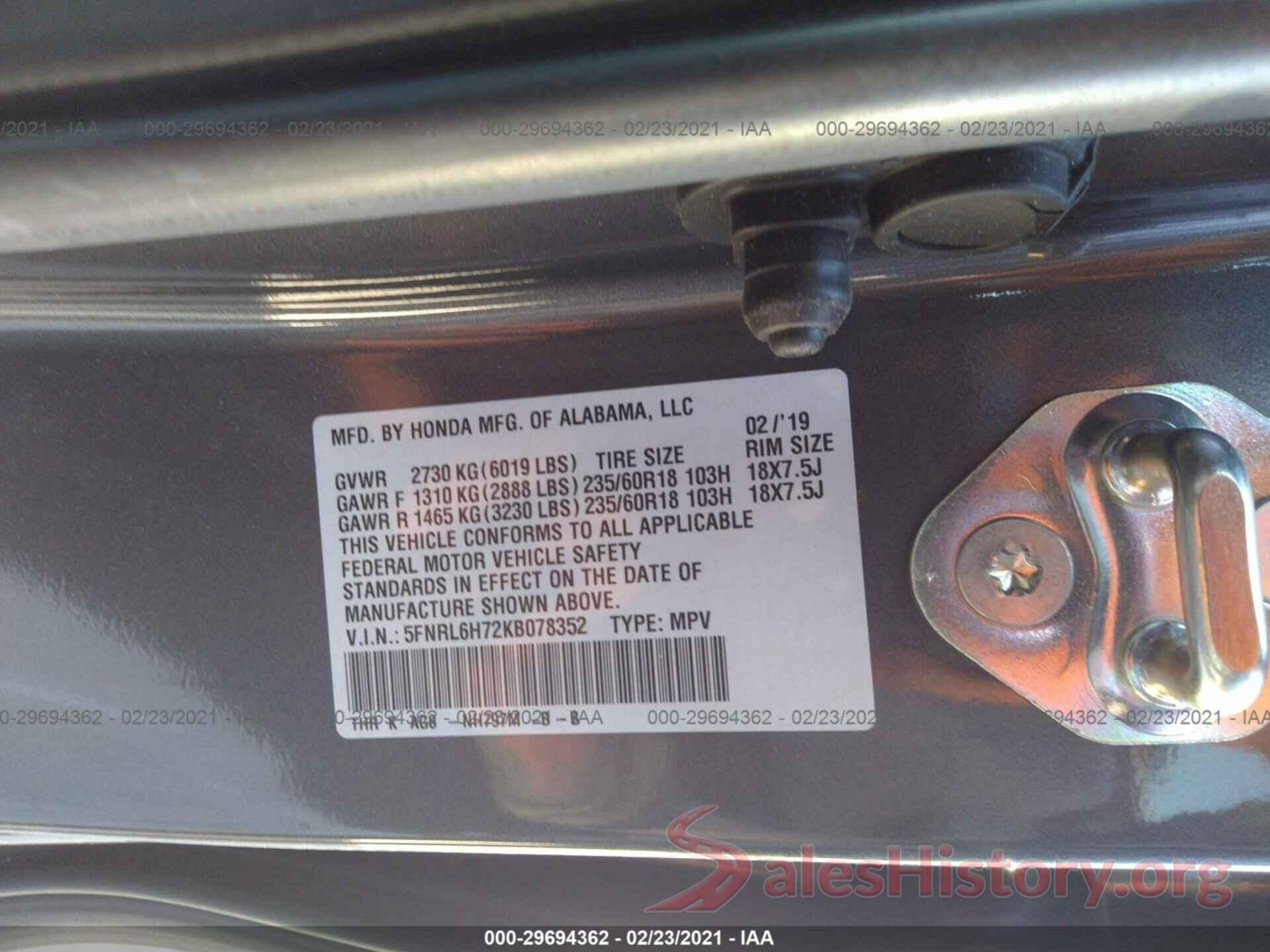 5FNRL6H72KB078352 2019 HONDA ODYSSEY