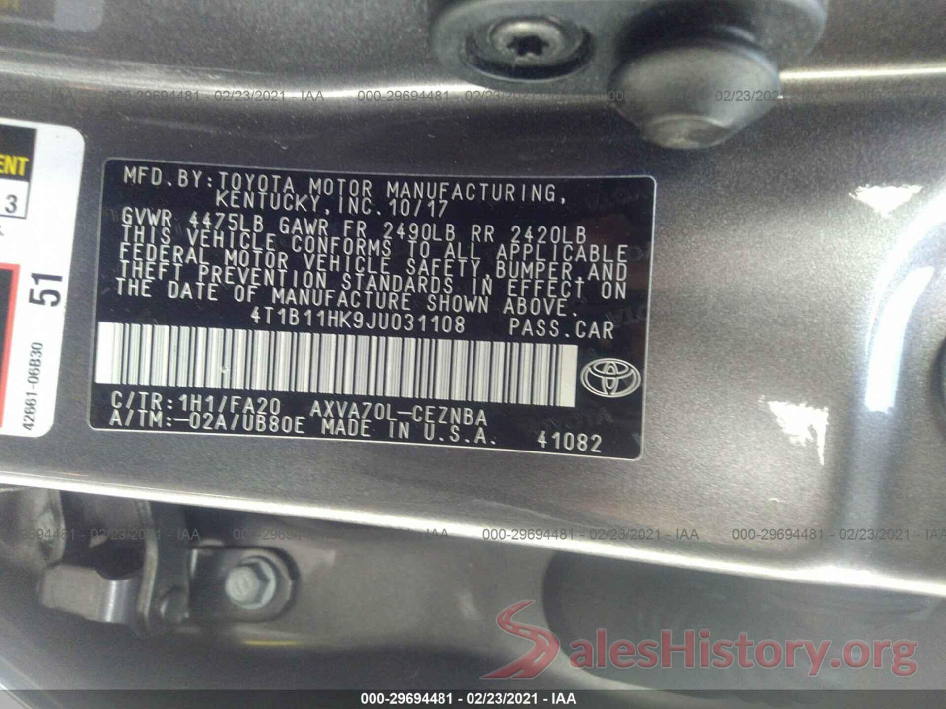 4T1B11HK9JU031108 2018 TOYOTA CAMRY