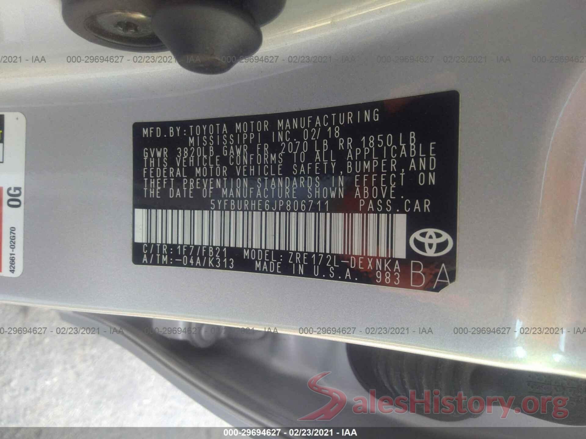 5YFBURHE6JP806711 2018 TOYOTA COROLLA