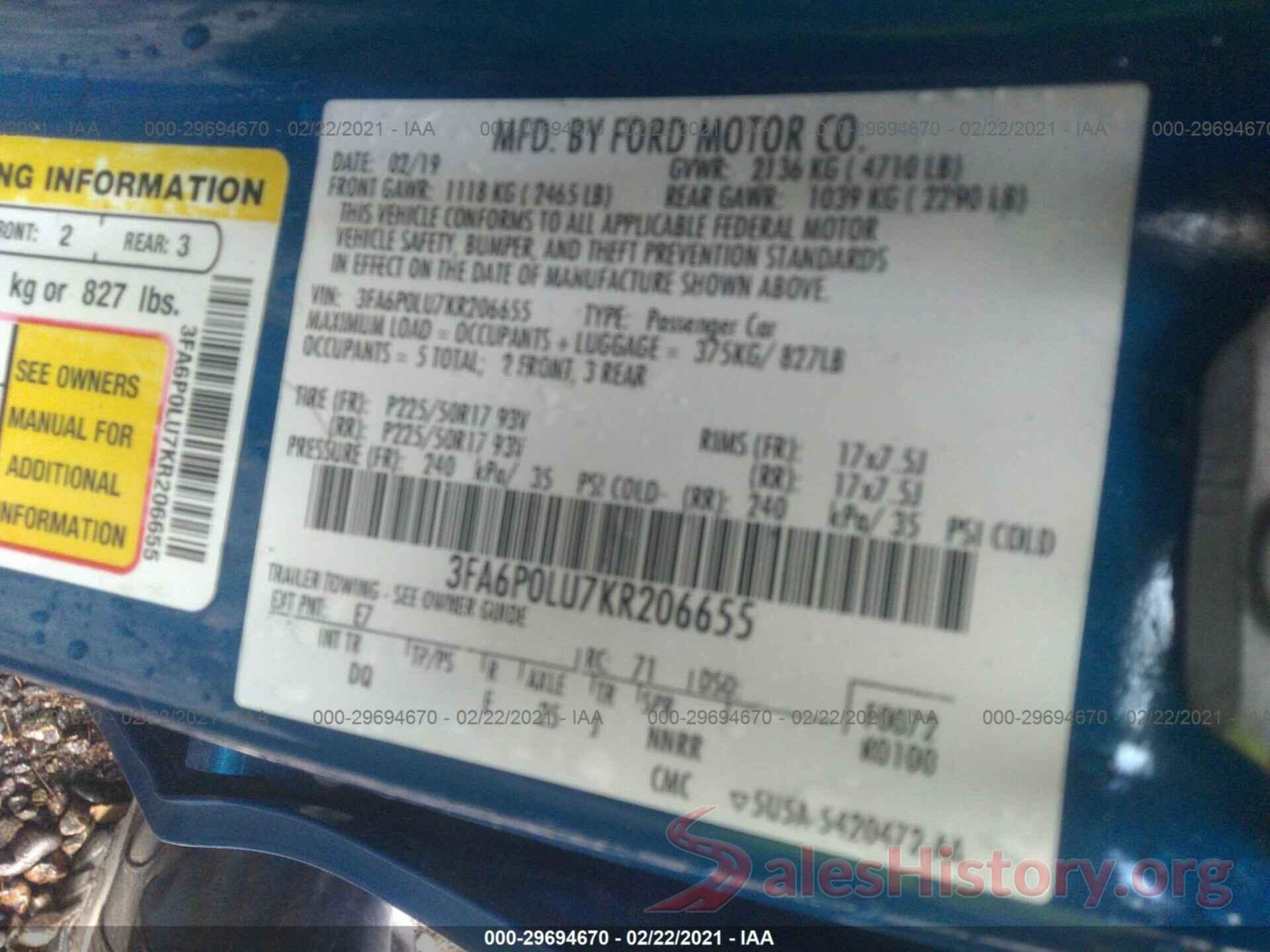 3FA6P0LU7KR206655 2019 FORD FUSION HYBRID