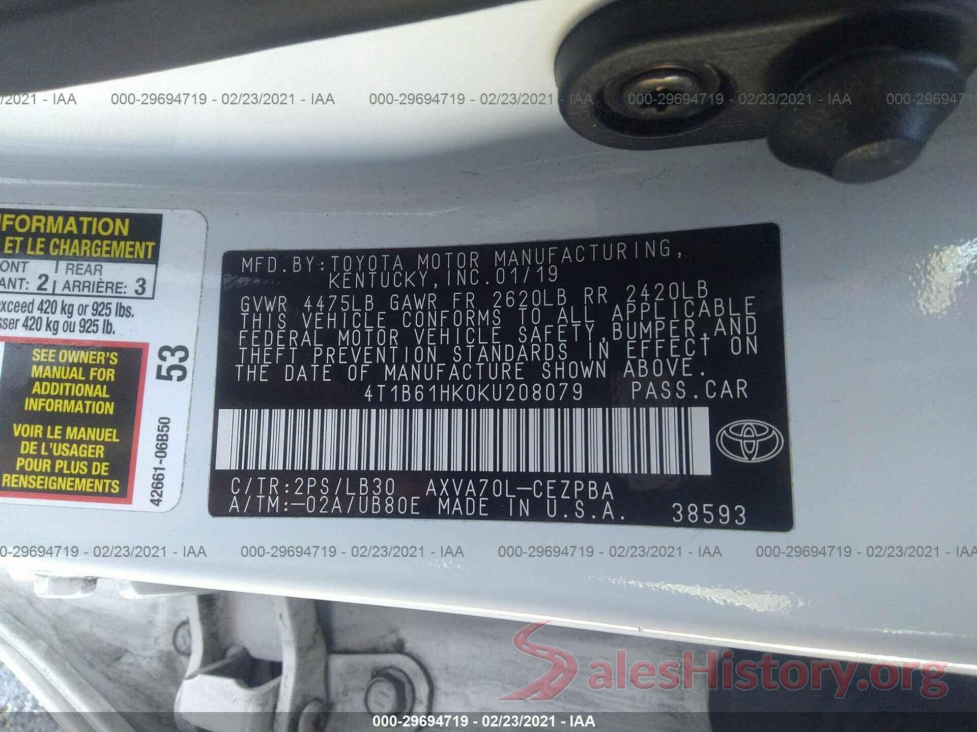 4T1B61HK0KU208079 2019 TOYOTA CAMRY