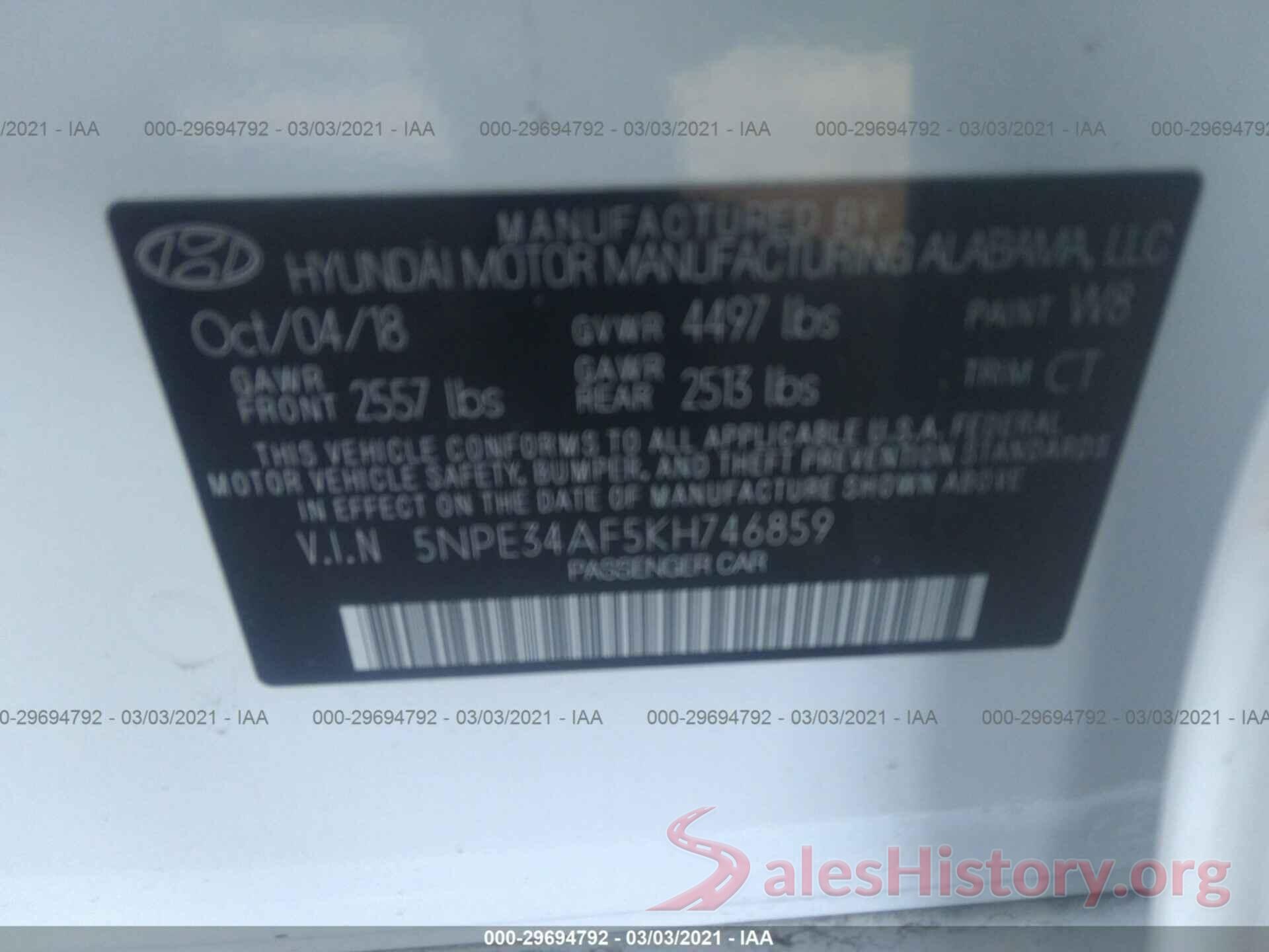 5NPE34AF5KH746859 2019 HYUNDAI SONATA