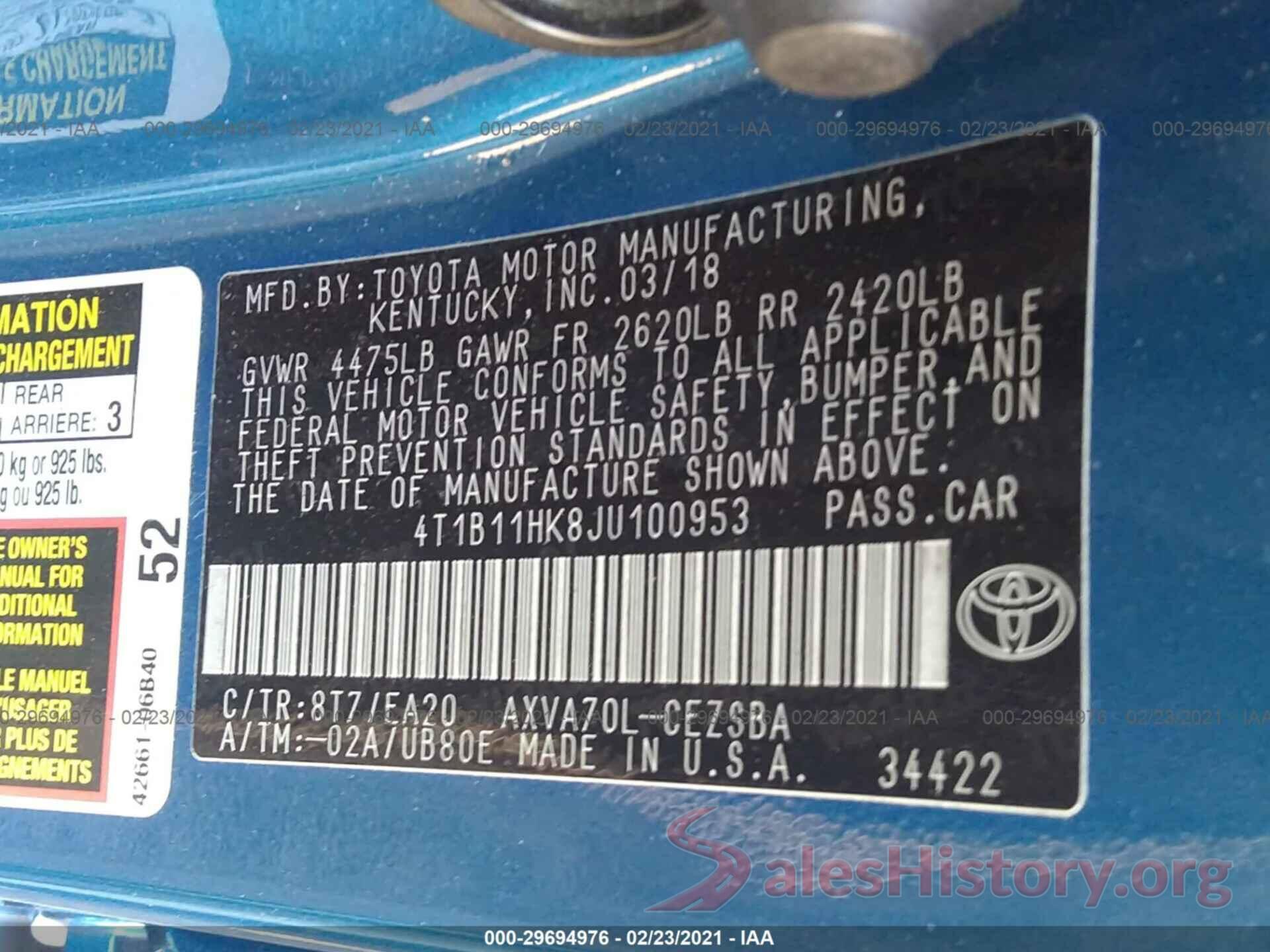 4T1B11HK8JU100953 2018 TOYOTA CAMRY