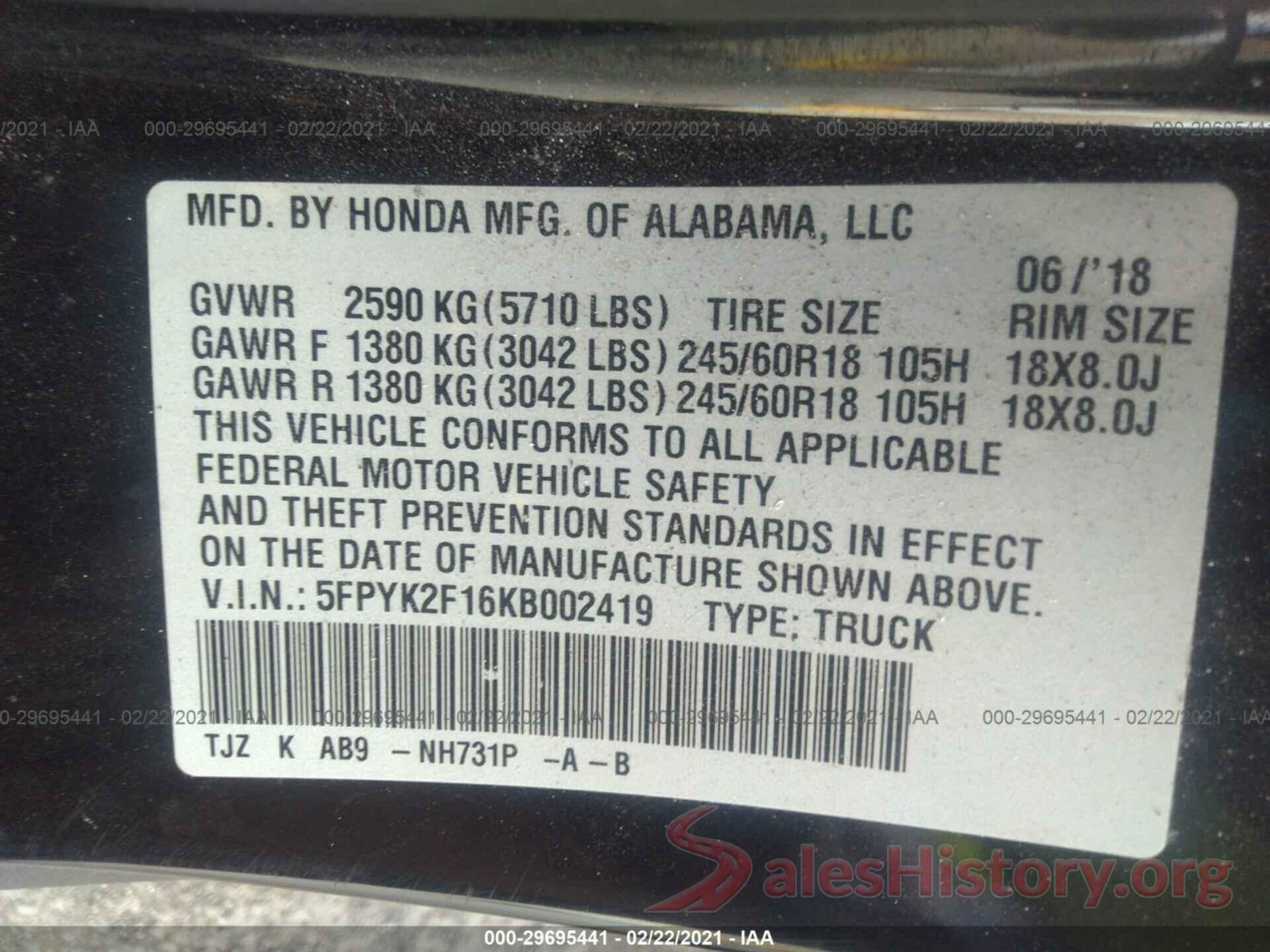 5FPYK2F16KB002419 2019 HONDA RIDGELINE