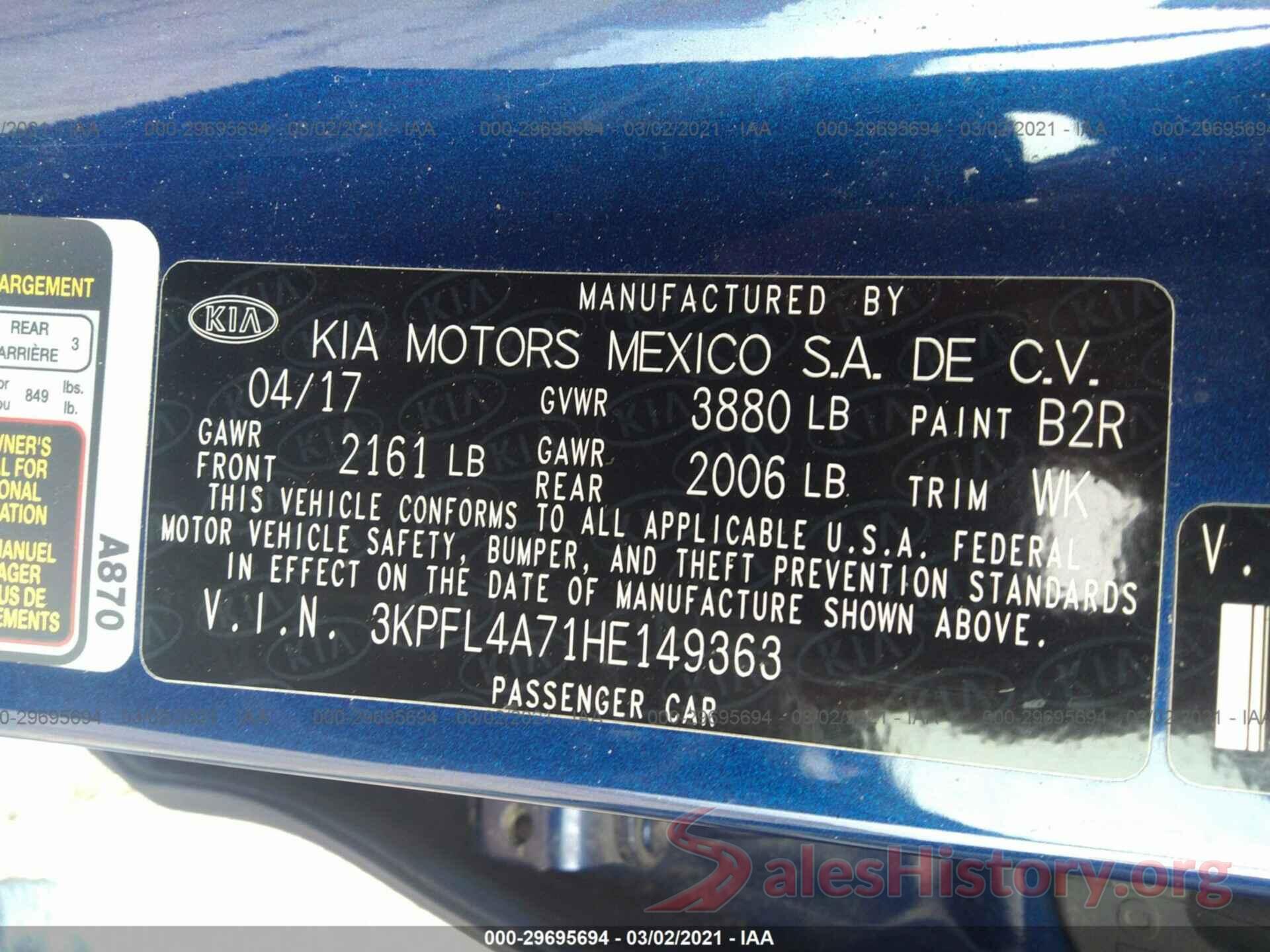 3KPFL4A71HE149363 2017 KIA FORTE