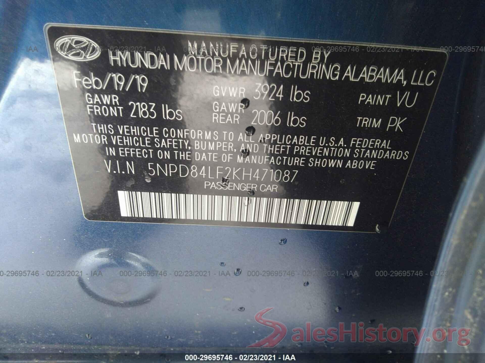 5NPD84LF2KH471087 2019 HYUNDAI ELANTRA