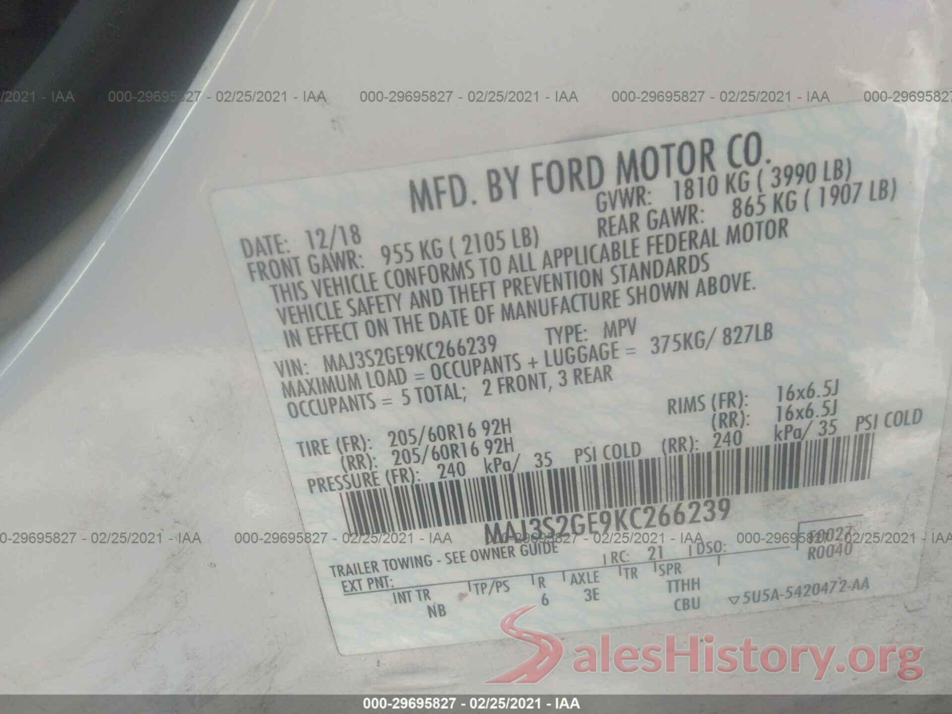 MAJ3S2GE9KC266239 2019 FORD ECOSPORT