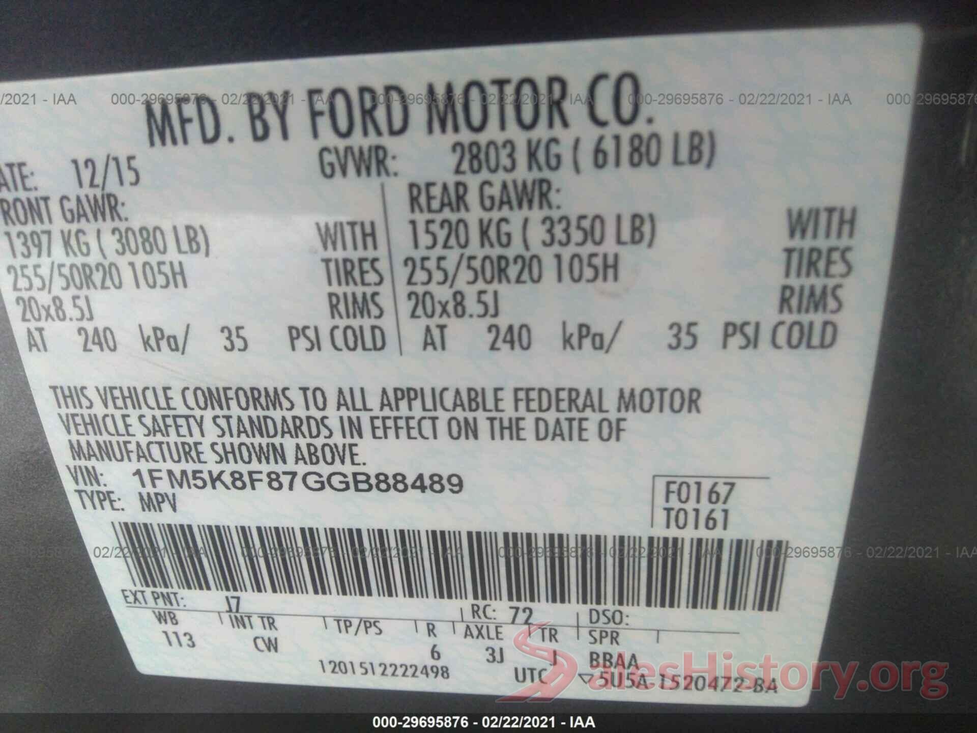 1FM5K8F87GGB88489 2016 FORD EXPLORER