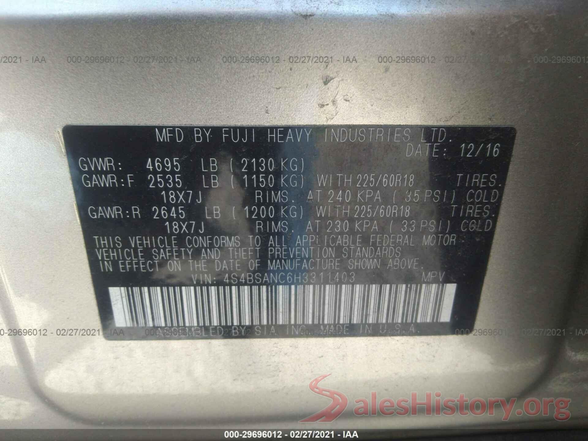 4S4BSANC6H3311403 2017 SUBARU OUTBACK