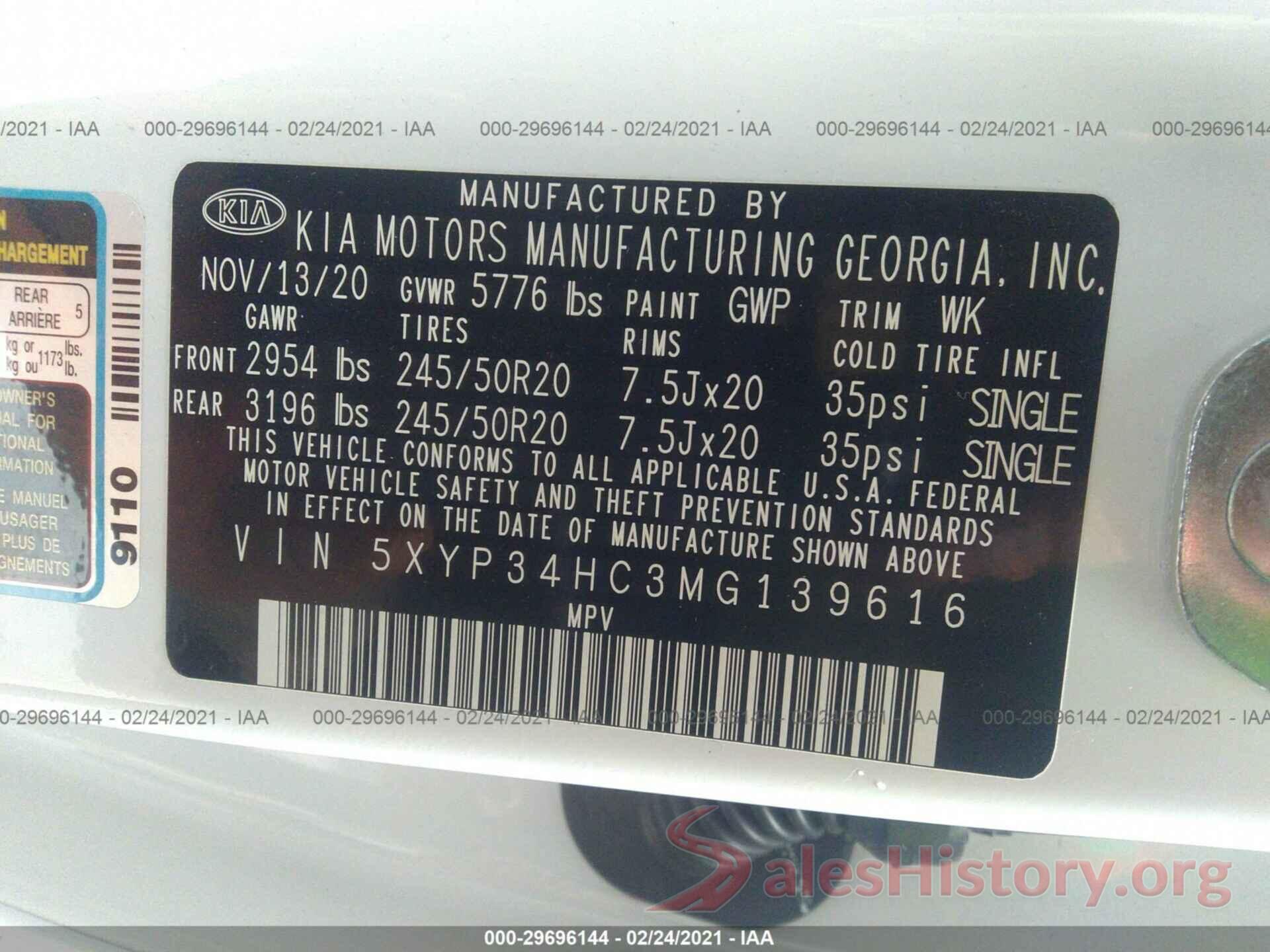 5XYP34HC3MG139616 2021 KIA TELLURIDE