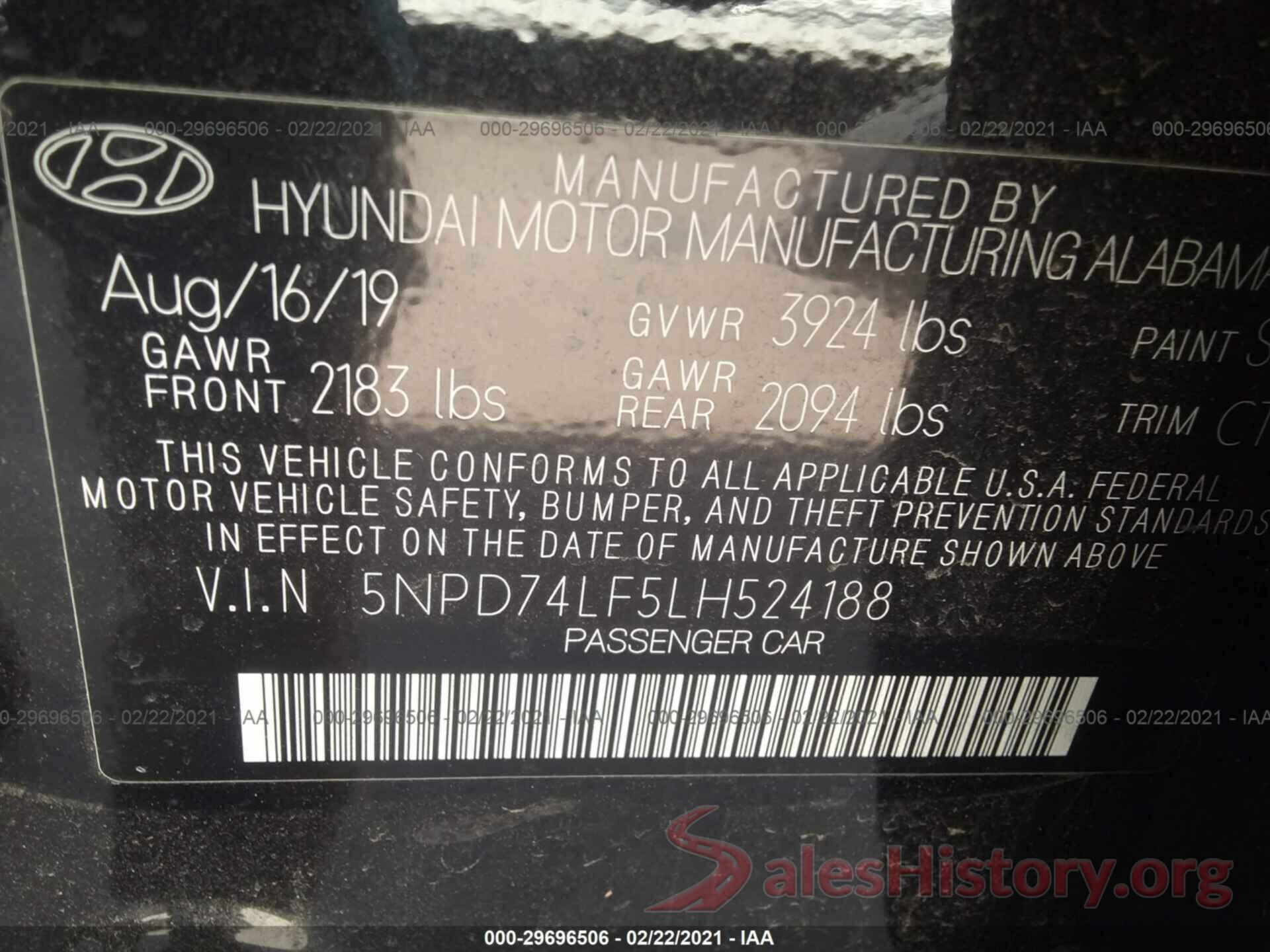 5NPD74LF5LH524188 2020 HYUNDAI ELANTRA