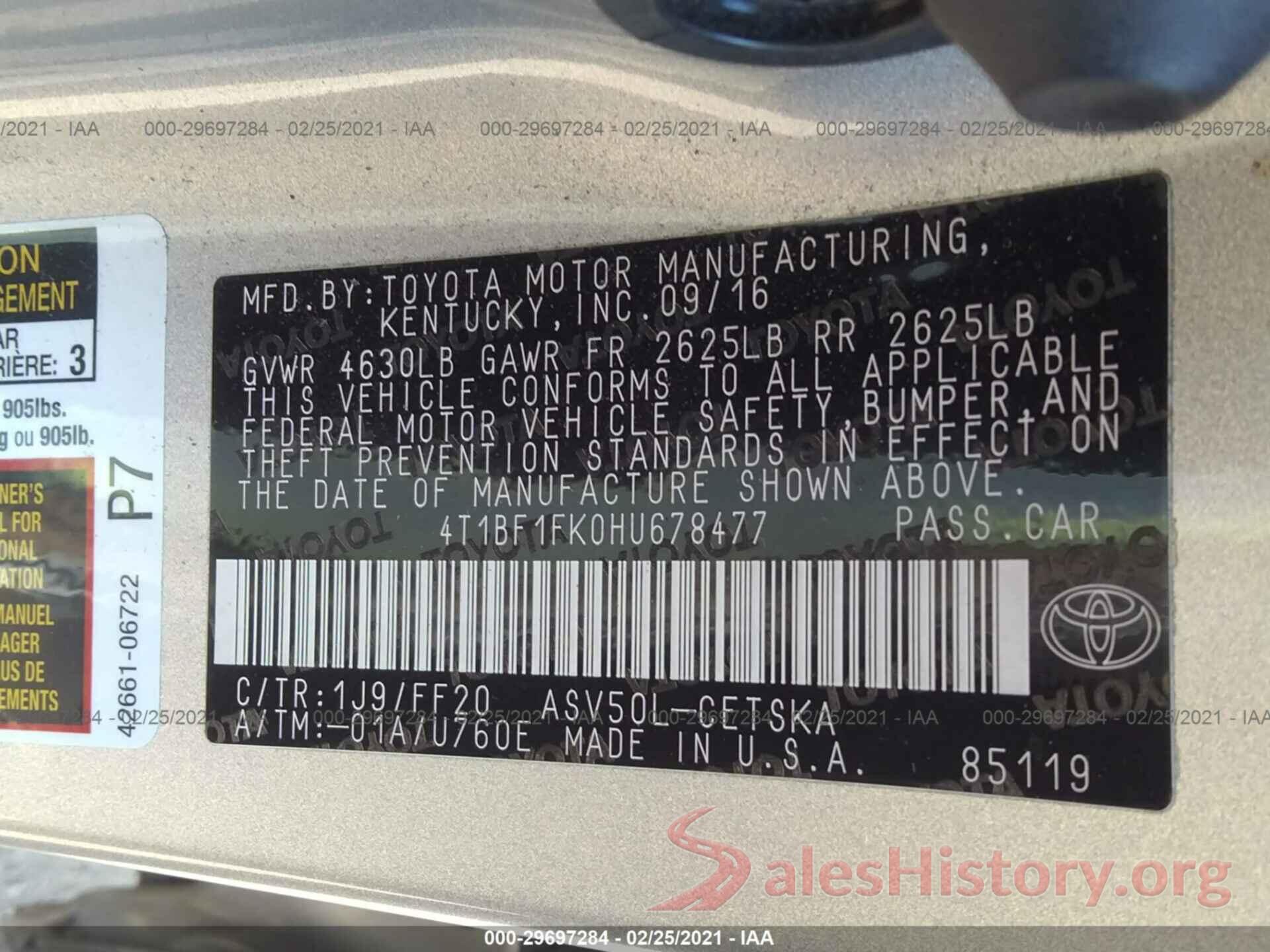 4T1BF1FK0HU678477 2017 TOYOTA CAMRY