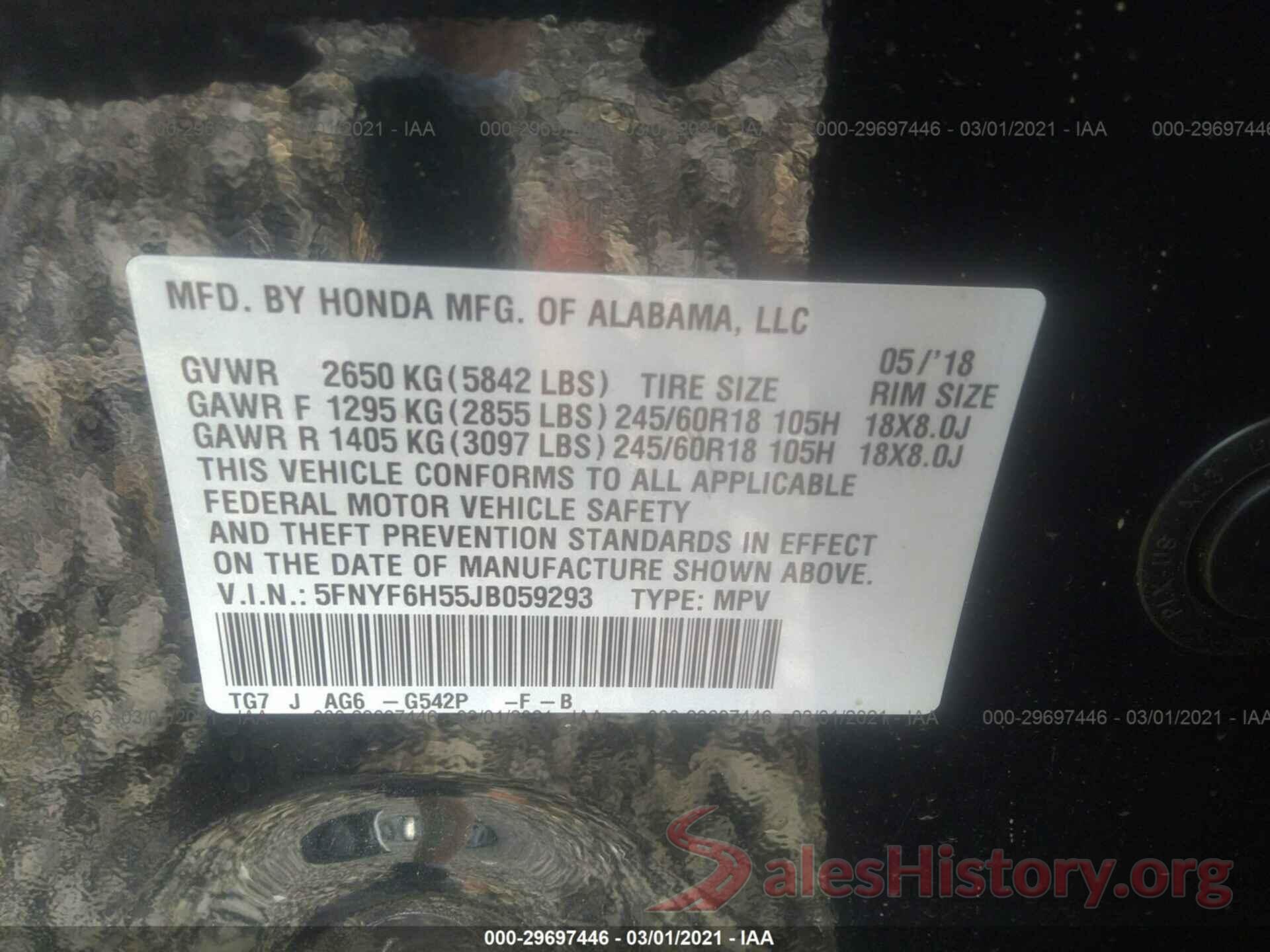 5FNYF6H55JB059293 2018 HONDA PILOT