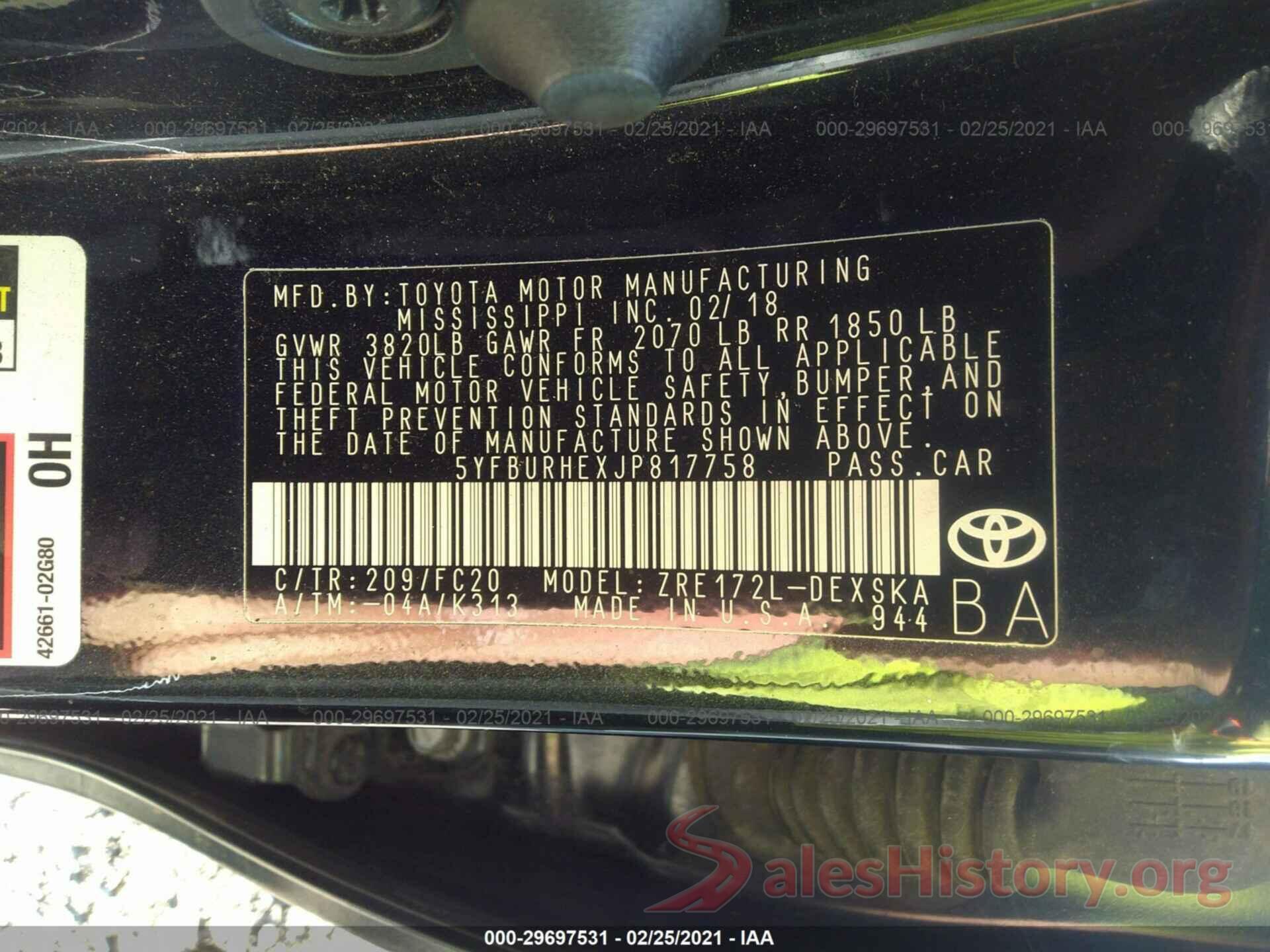 5YFBURHEXJP817758 2018 TOYOTA COROLLA