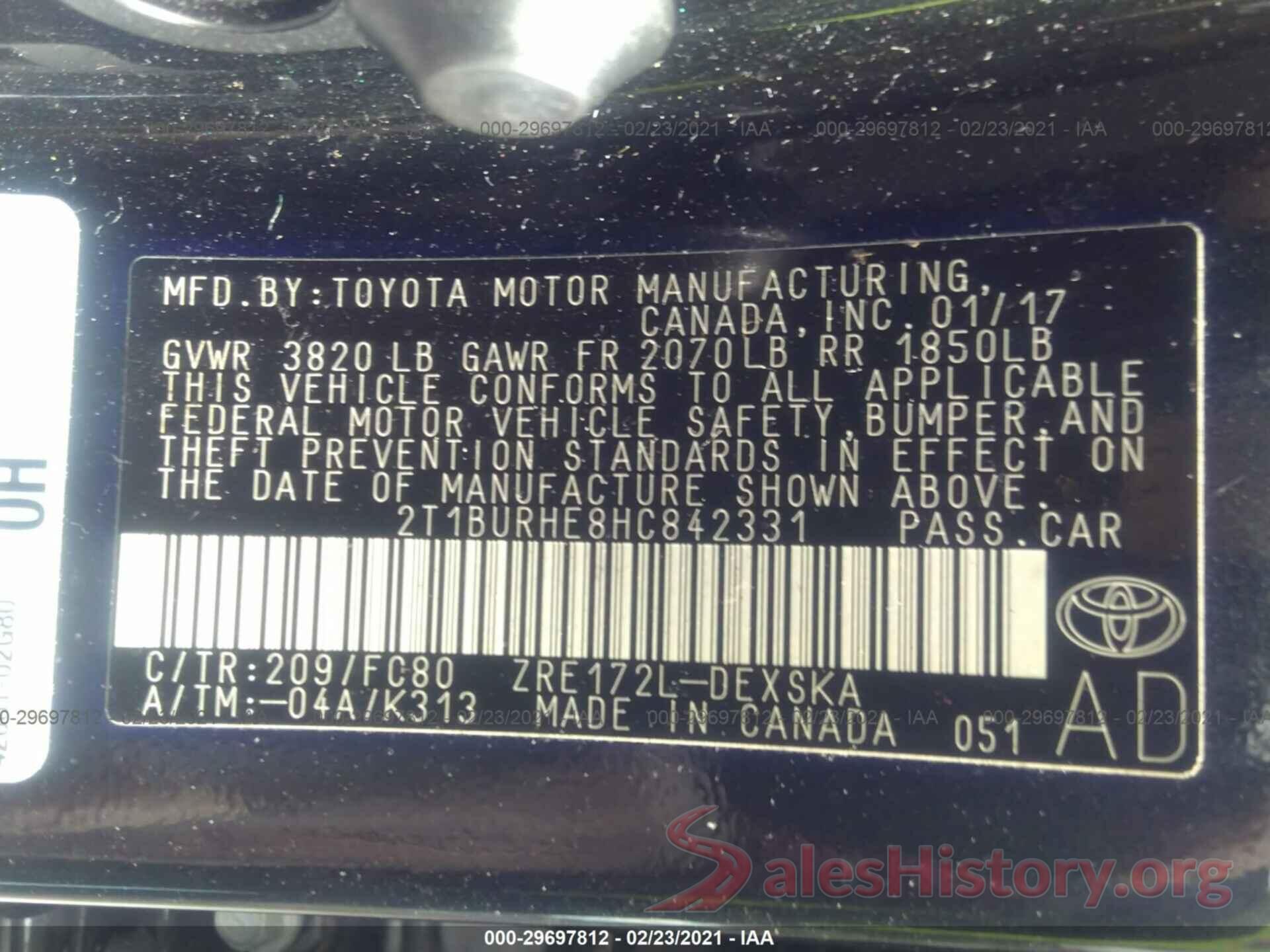 2T1BURHE8HC842331 2017 TOYOTA COROLLA