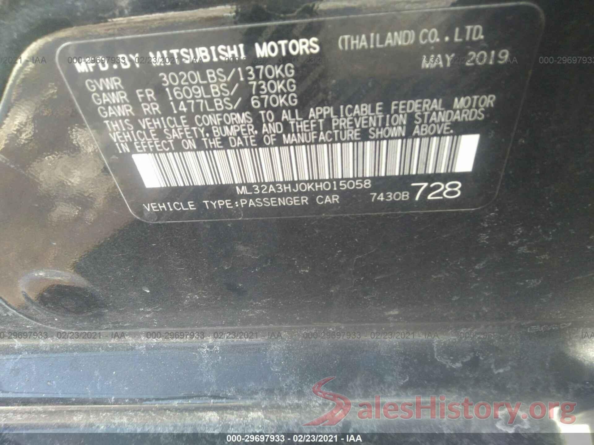 ML32A3HJ0KH015058 2019 MITSUBISHI MIRAGE