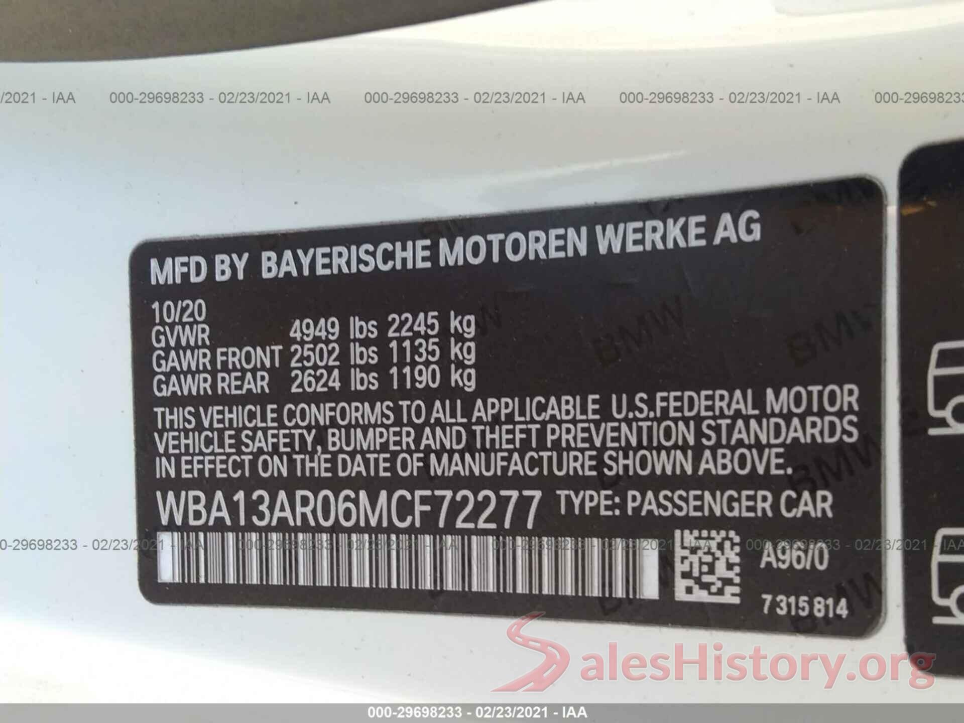 WBA13AR06MCF72277 2021 BMW 4 SERIES