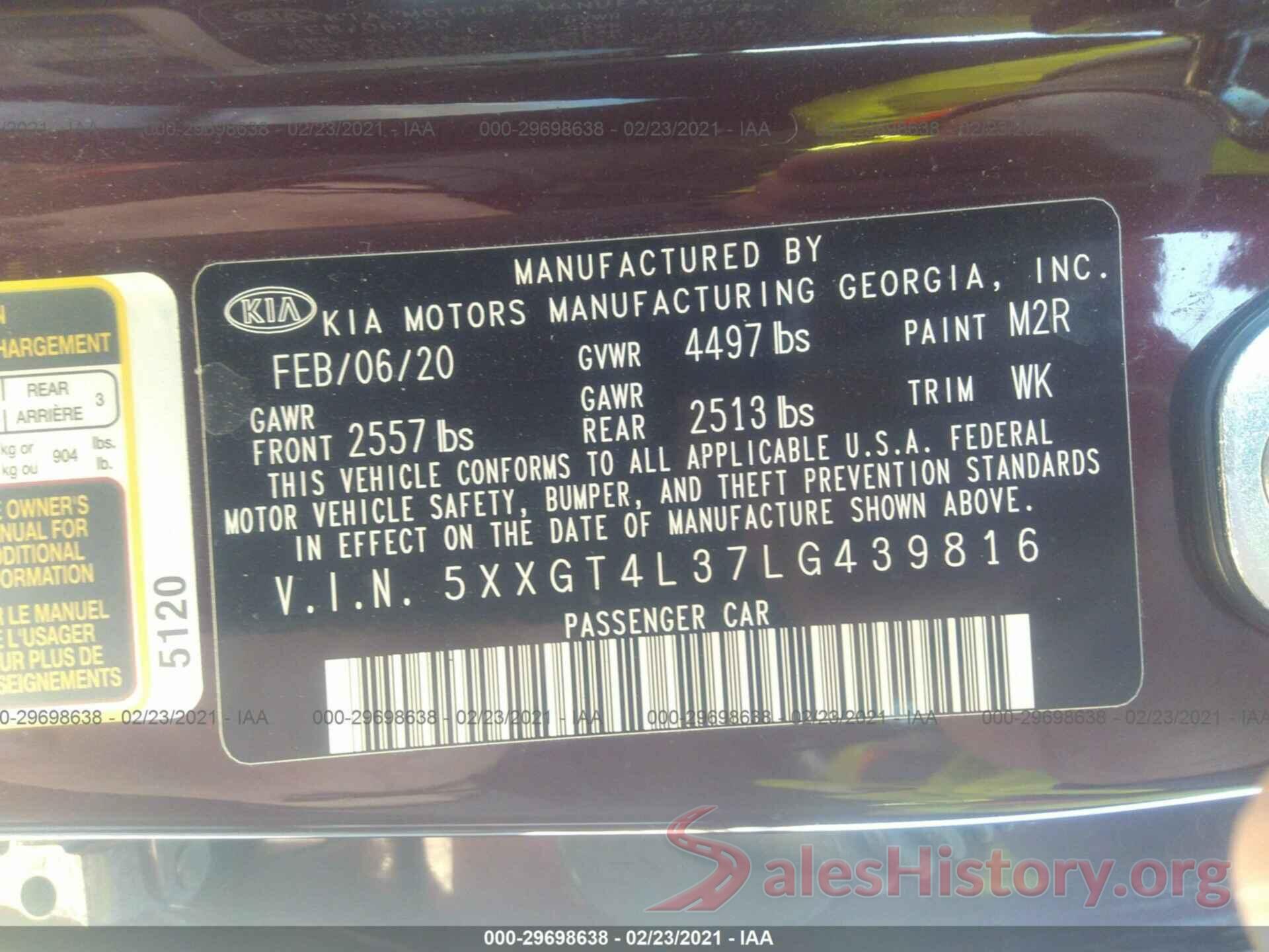 5XXGT4L37LG439816 2020 KIA OPTIMA