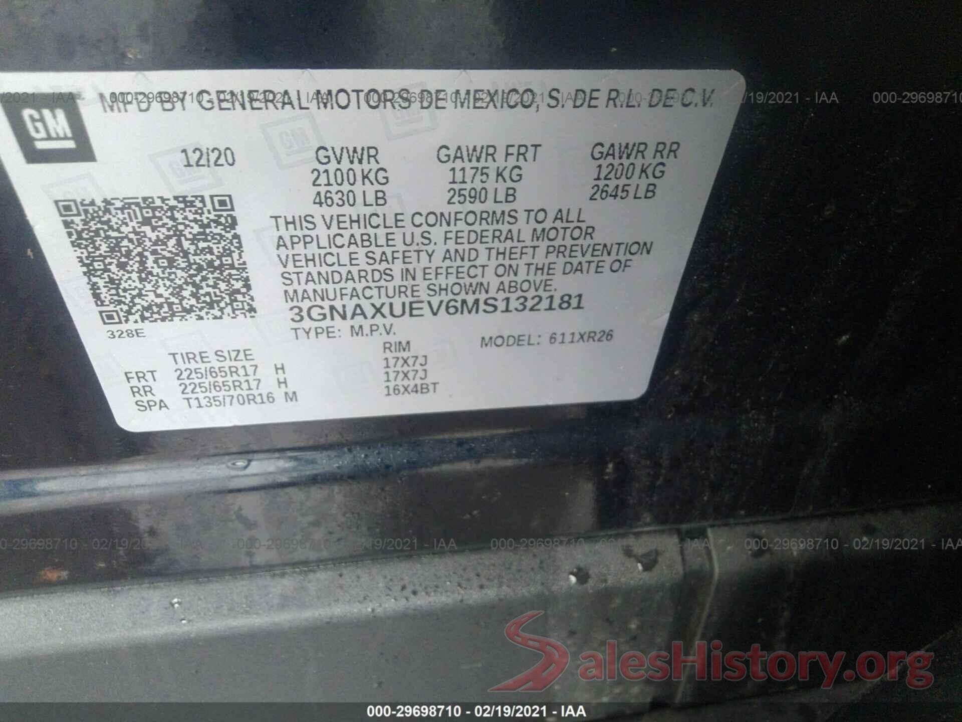 3GNAXUEV6MS132181 2021 CHEVROLET EQUINOX