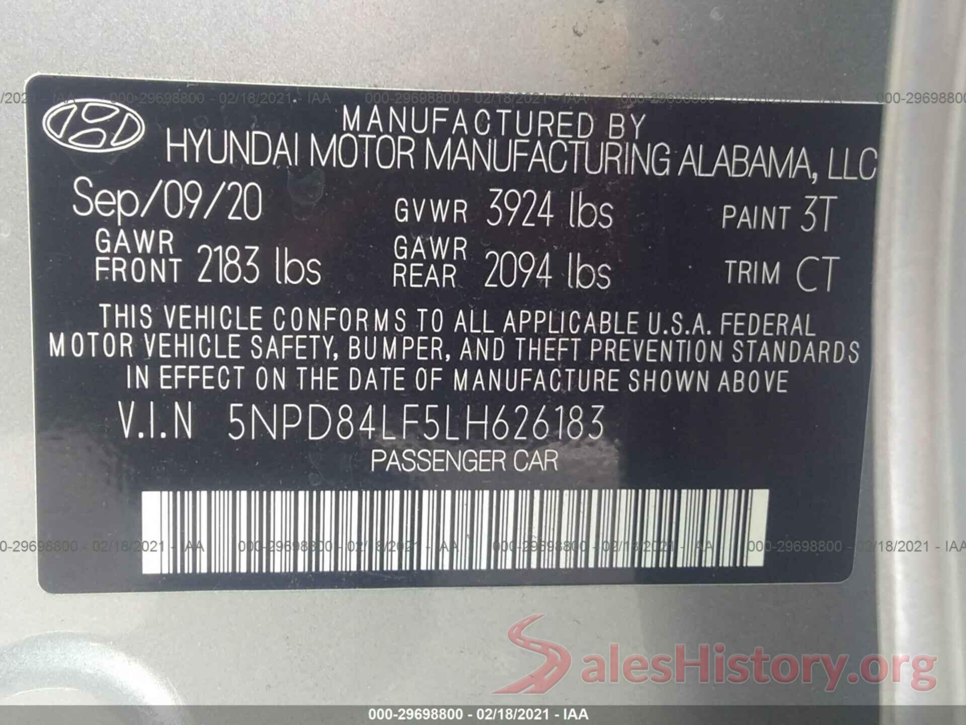 5NPD84LF5LH626183 2020 HYUNDAI ELANTRA