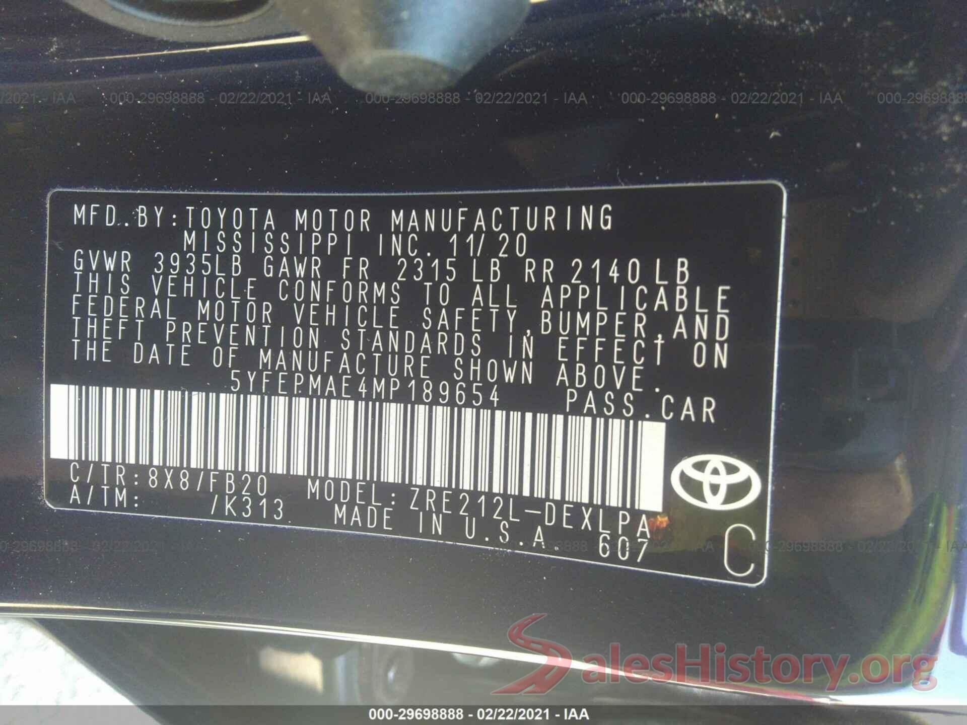 5YFEPMAE4MP189654 2021 TOYOTA COROLLA