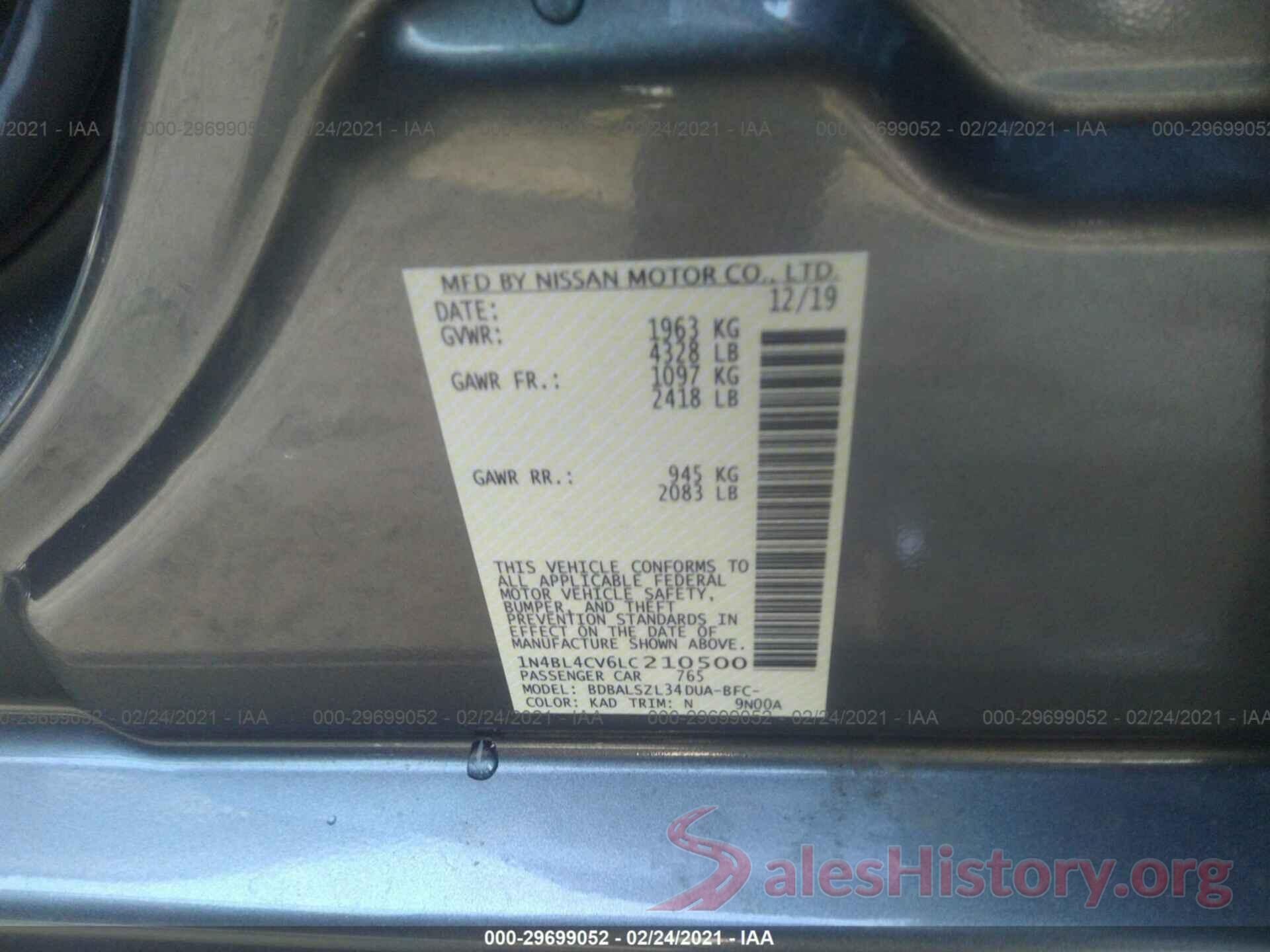 1N4BL4CV6LC210500 2020 NISSAN ALTIMA