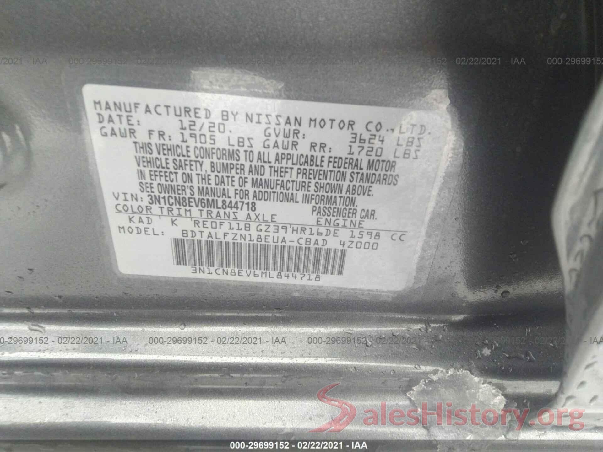 3N1CN8EV6ML844718 2021 NISSAN VERSA