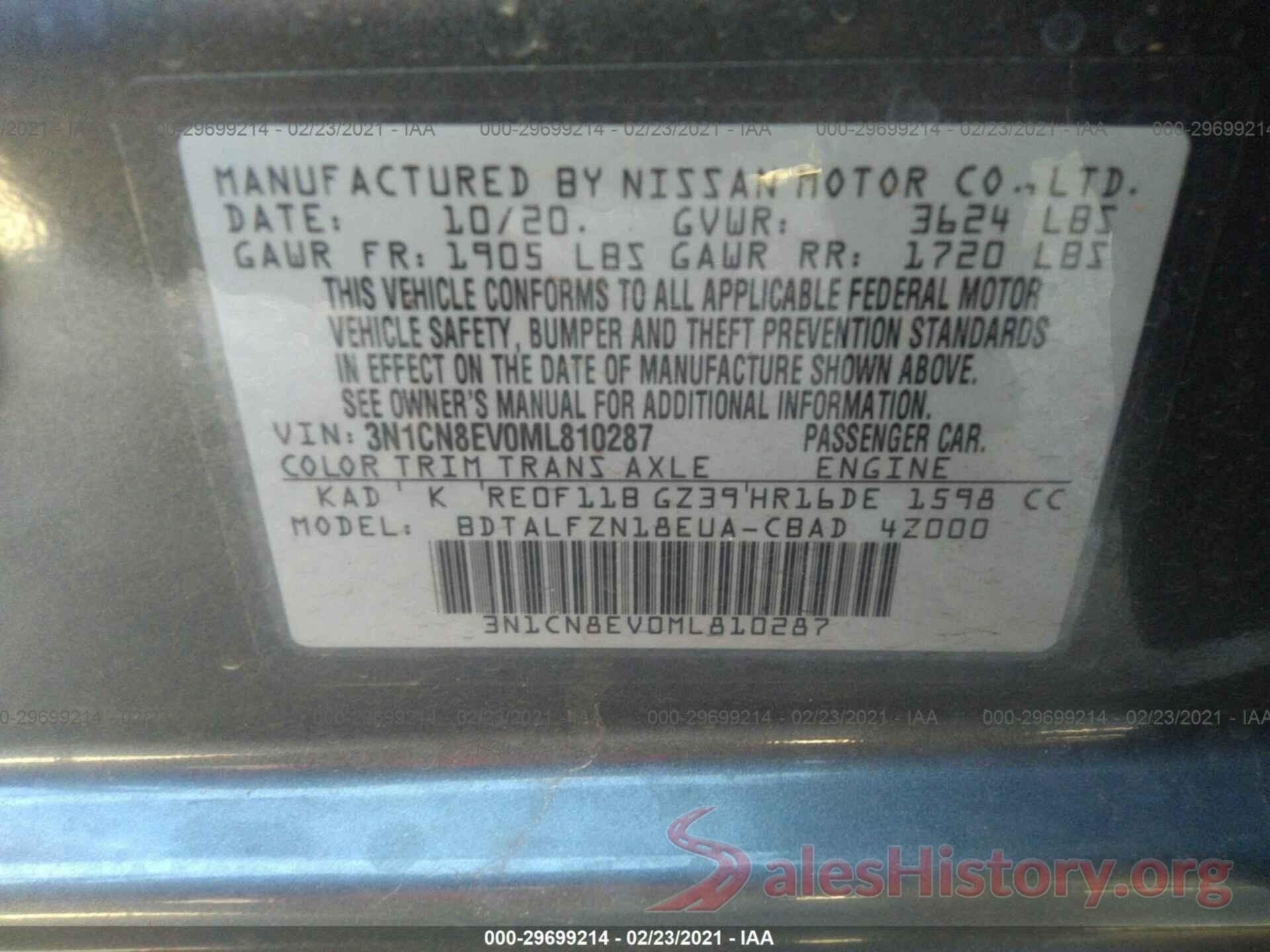 3N1CN8EV0ML810287 2021 NISSAN VERSA