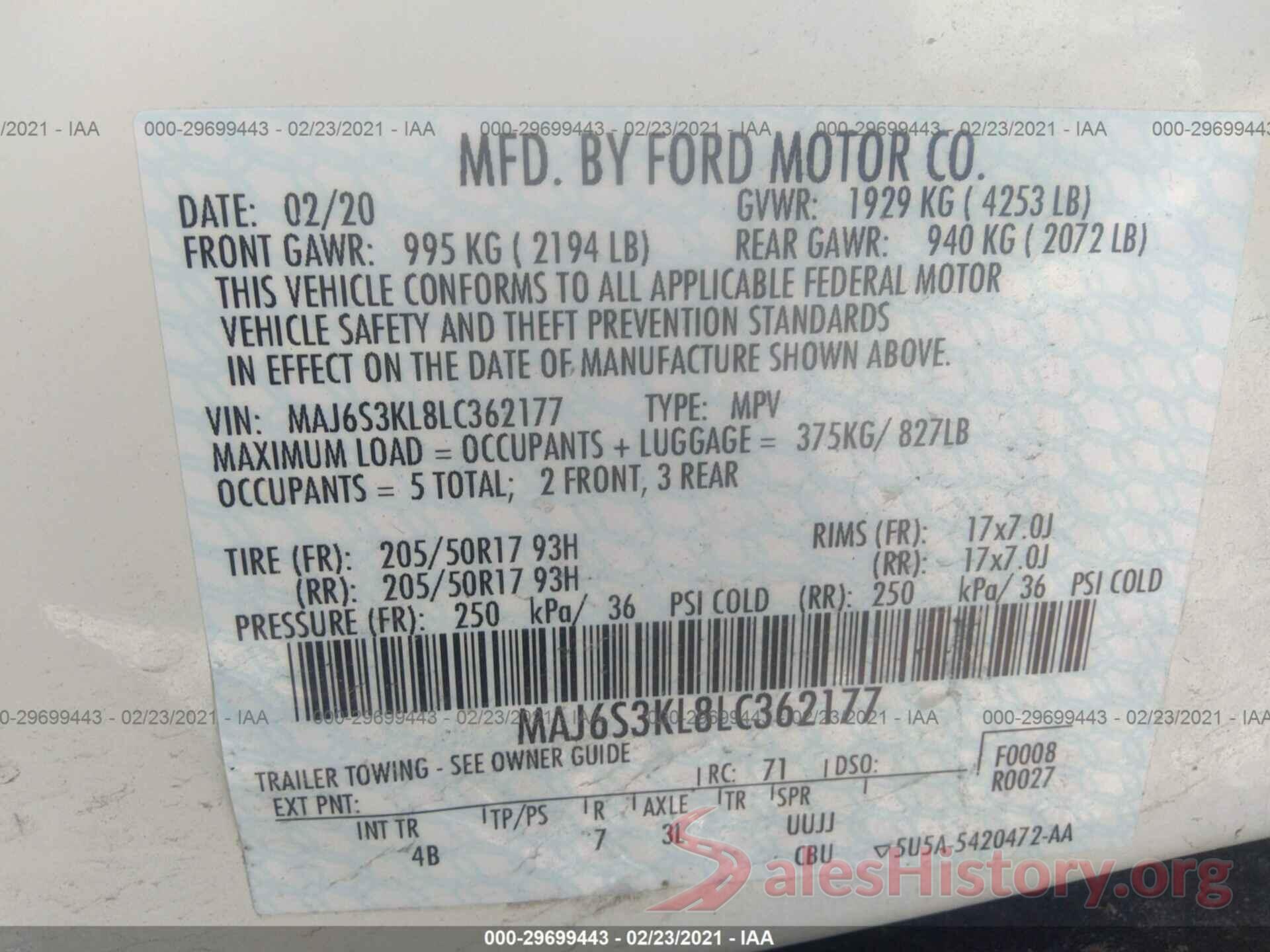 MAJ6S3KL8LC362177 2020 FORD ECOSPORT