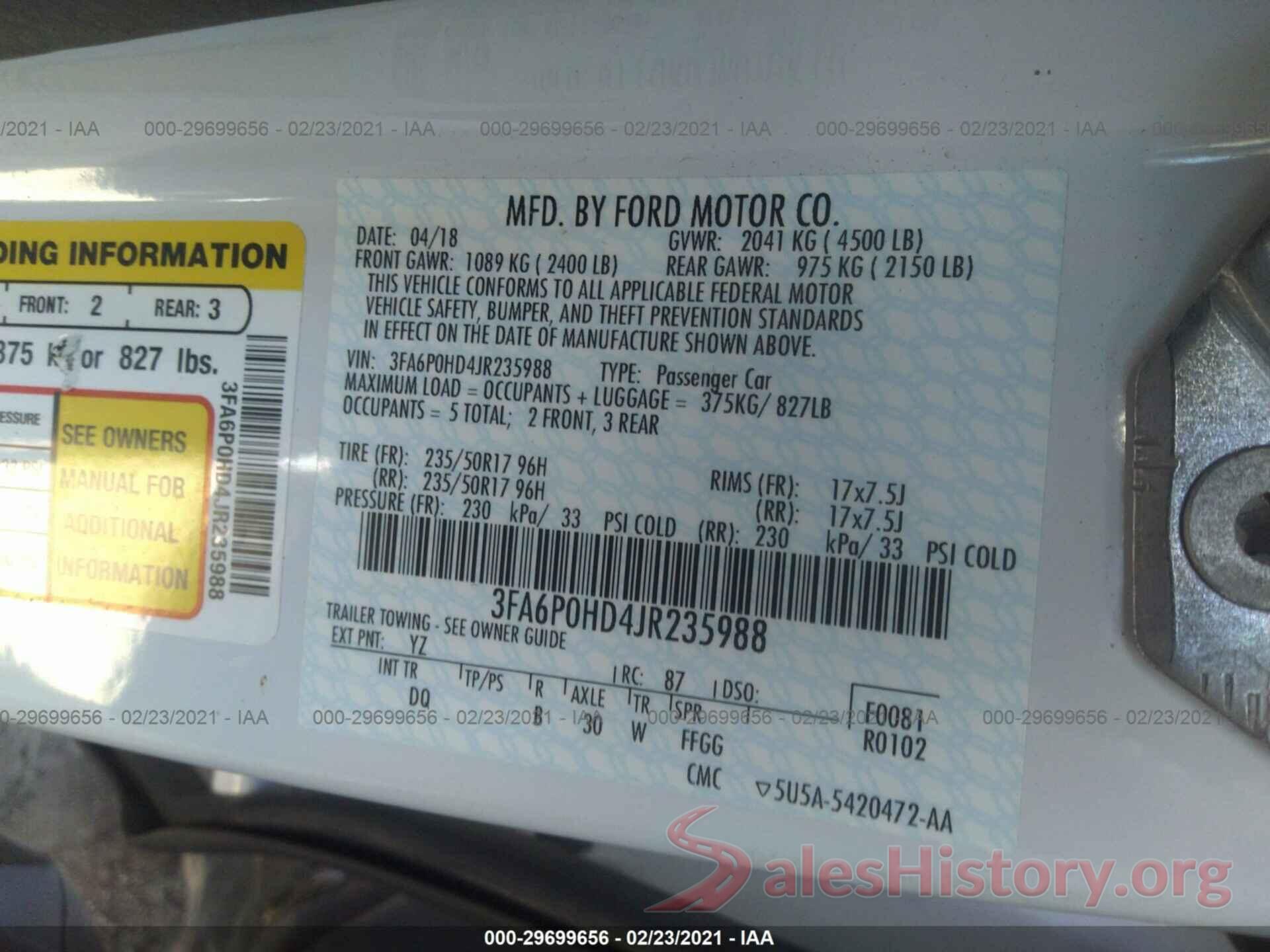 3FA6P0HD4JR235988 2018 FORD FUSION