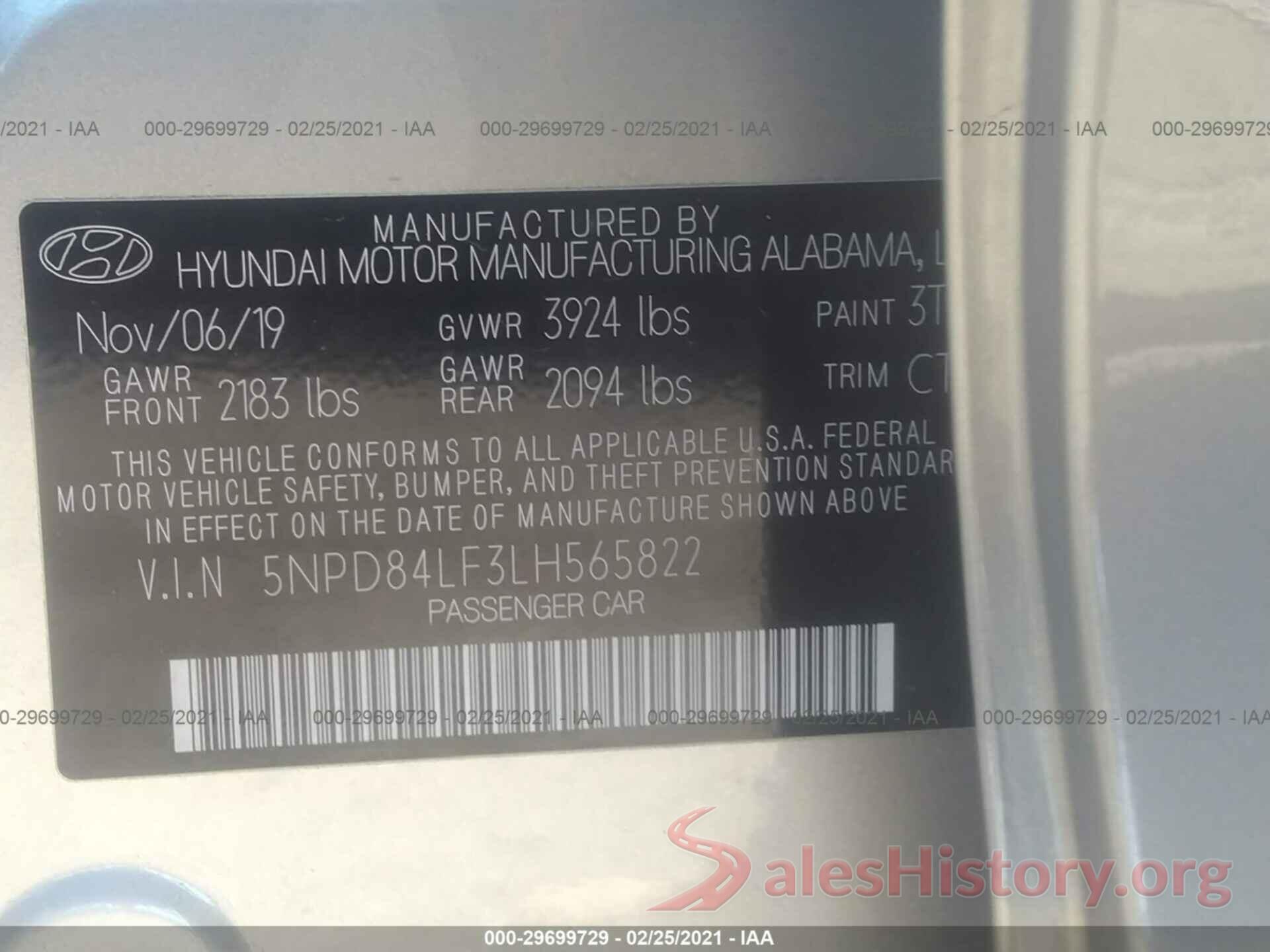 5NPD84LF3LH565822 2020 HYUNDAI ELANTRA