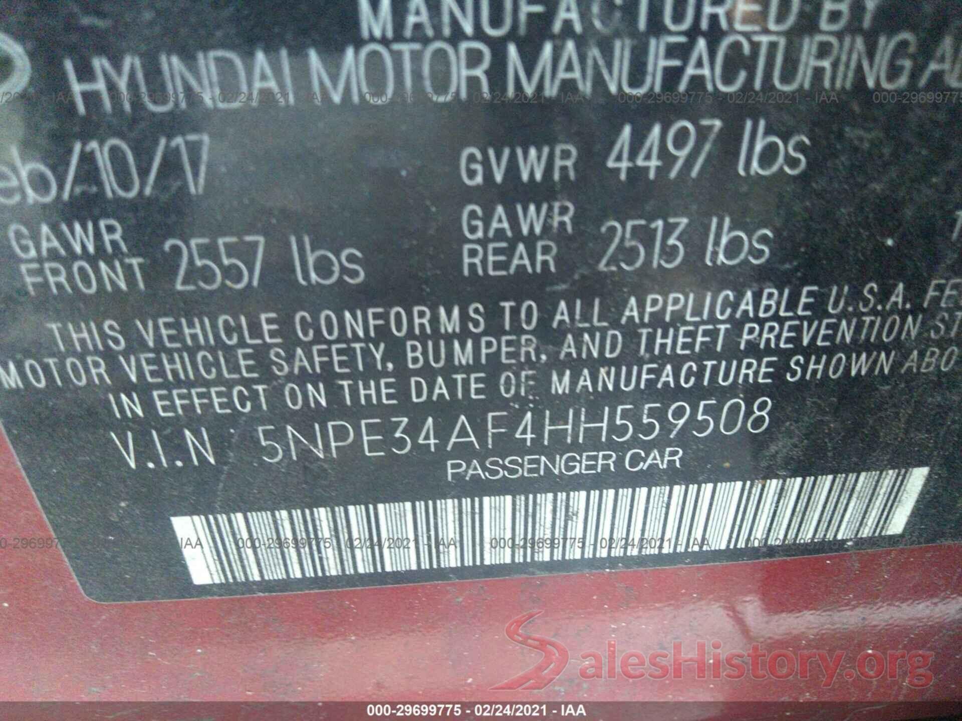 5NPE34AF4HH559508 2017 HYUNDAI SONATA