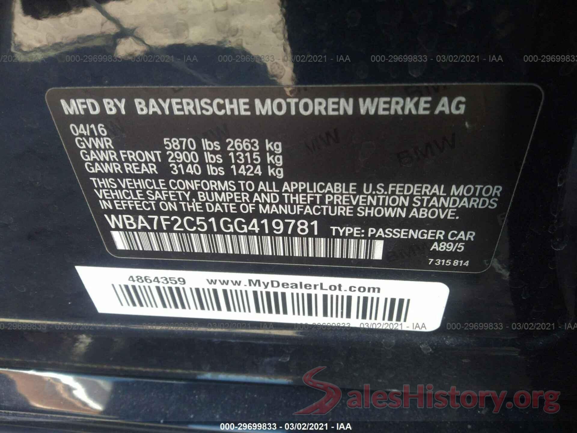 WBA7F2C51GG419781 2016 BMW 7 SERIES