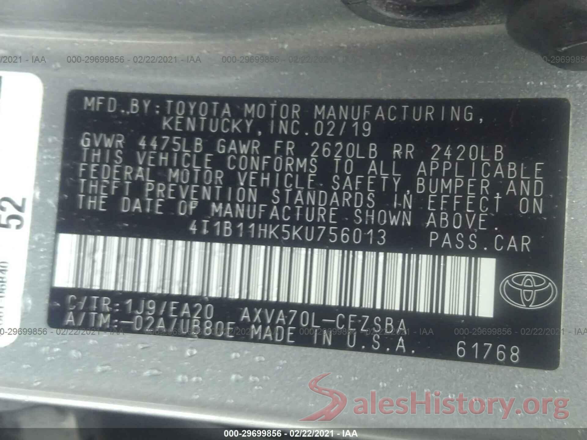 4T1B11HK5KU756013 2019 TOYOTA CAMRY