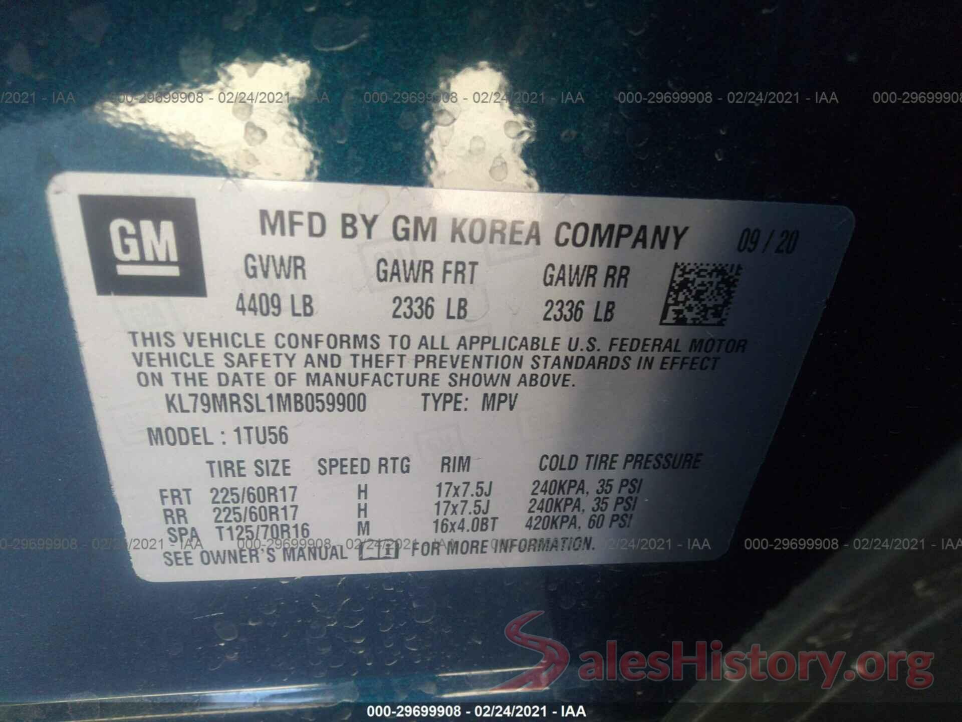 KL79MRSL1MB059900 2021 CHEVROLET TRAILBLAZER