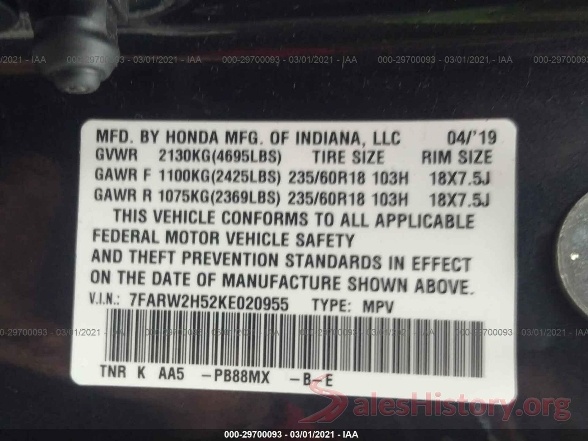 7FARW2H52KE020955 2019 HONDA CR-V