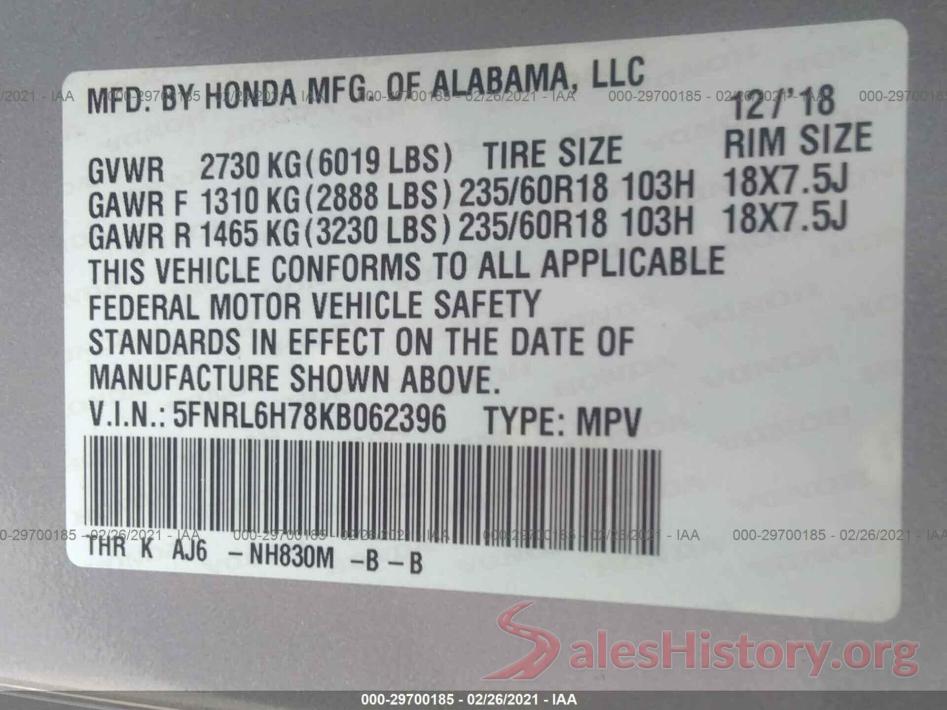 5FNRL6H78KB062396 2019 HONDA ODYSSEY