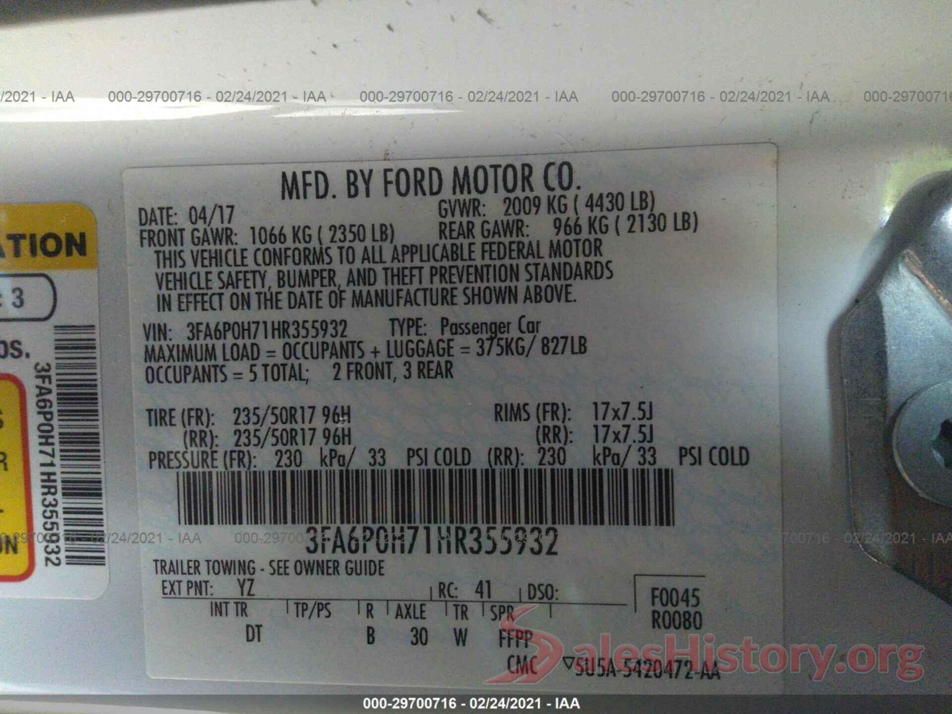 3FA6P0H71HR355932 2017 FORD FUSION