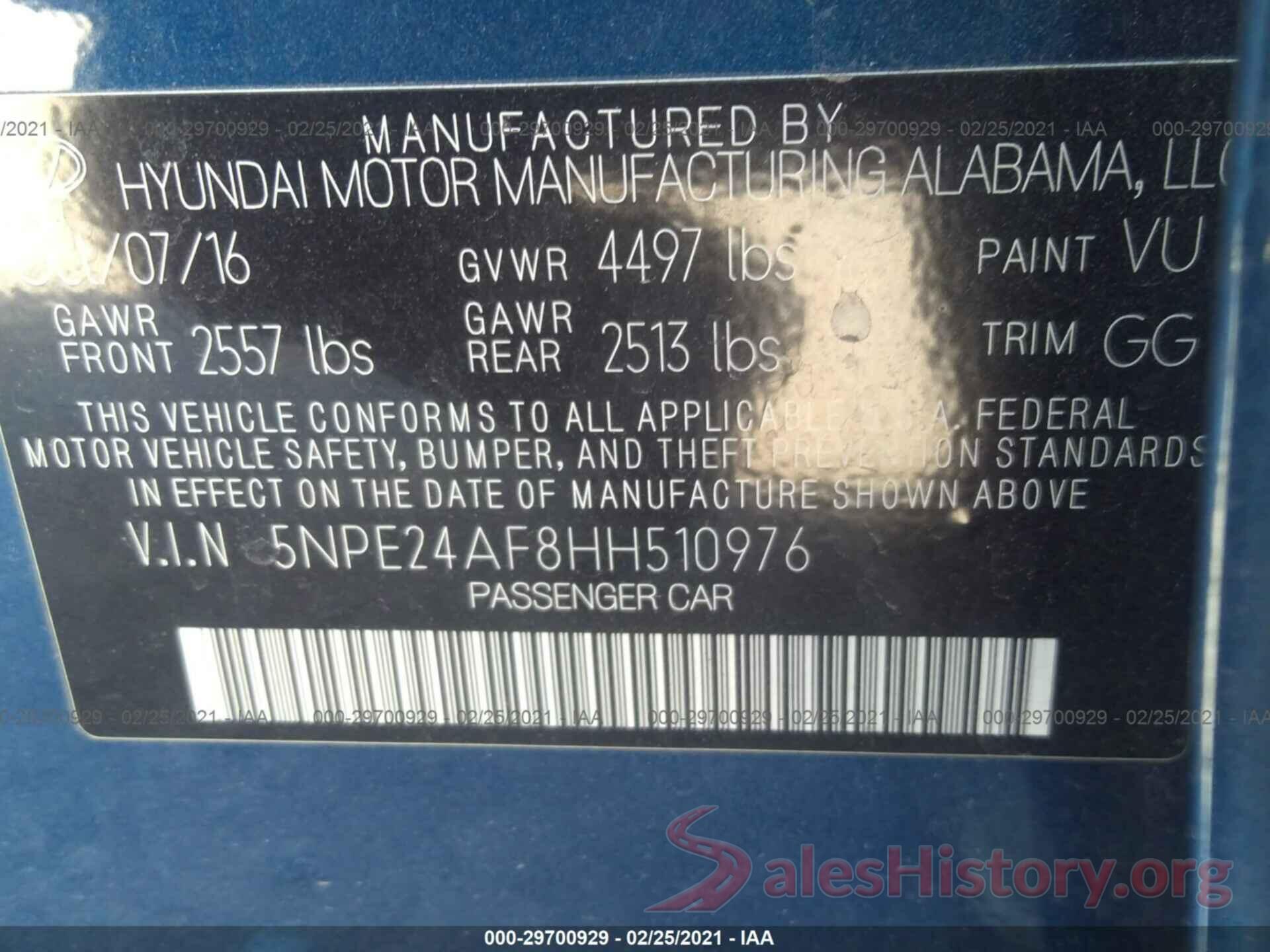 5NPE24AF8HH510976 2017 HYUNDAI SONATA